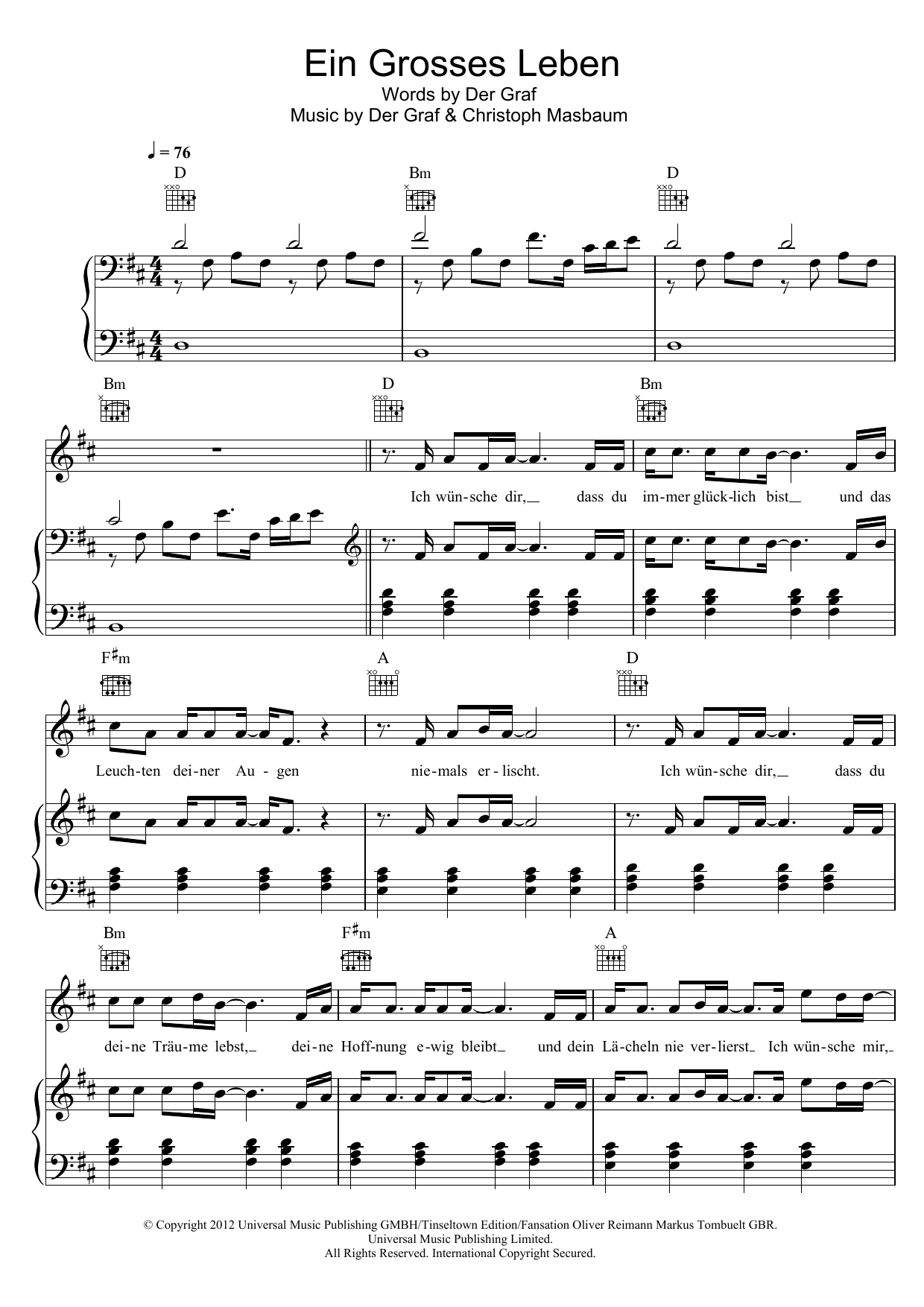 Unheilig Ein Grosses Leben sheet music notes and chords arranged for Piano, Vocal & Guitar Chords