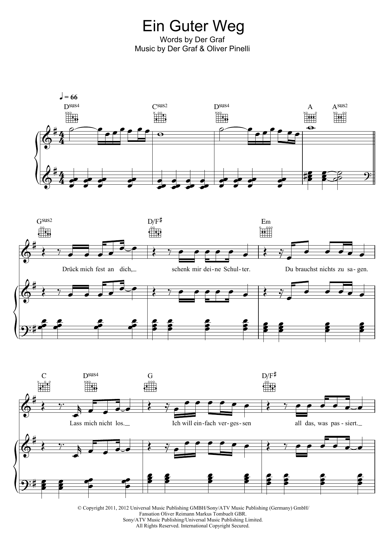 Unheilig Ein Guter Weg sheet music notes and chords arranged for Piano, Vocal & Guitar Chords