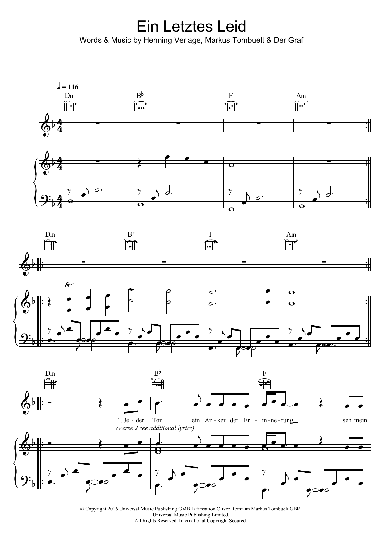 Unheilig Ein Letztes Lied sheet music notes and chords arranged for Piano, Vocal & Guitar Chords