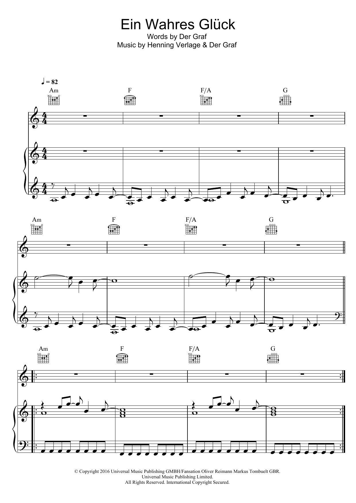 Unheilig Ein Wahres Gluck sheet music notes and chords arranged for Piano, Vocal & Guitar Chords