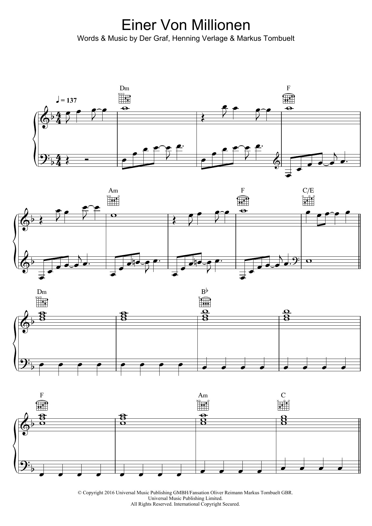 Unheilig Einer Von Millionen sheet music notes and chords arranged for Piano, Vocal & Guitar Chords