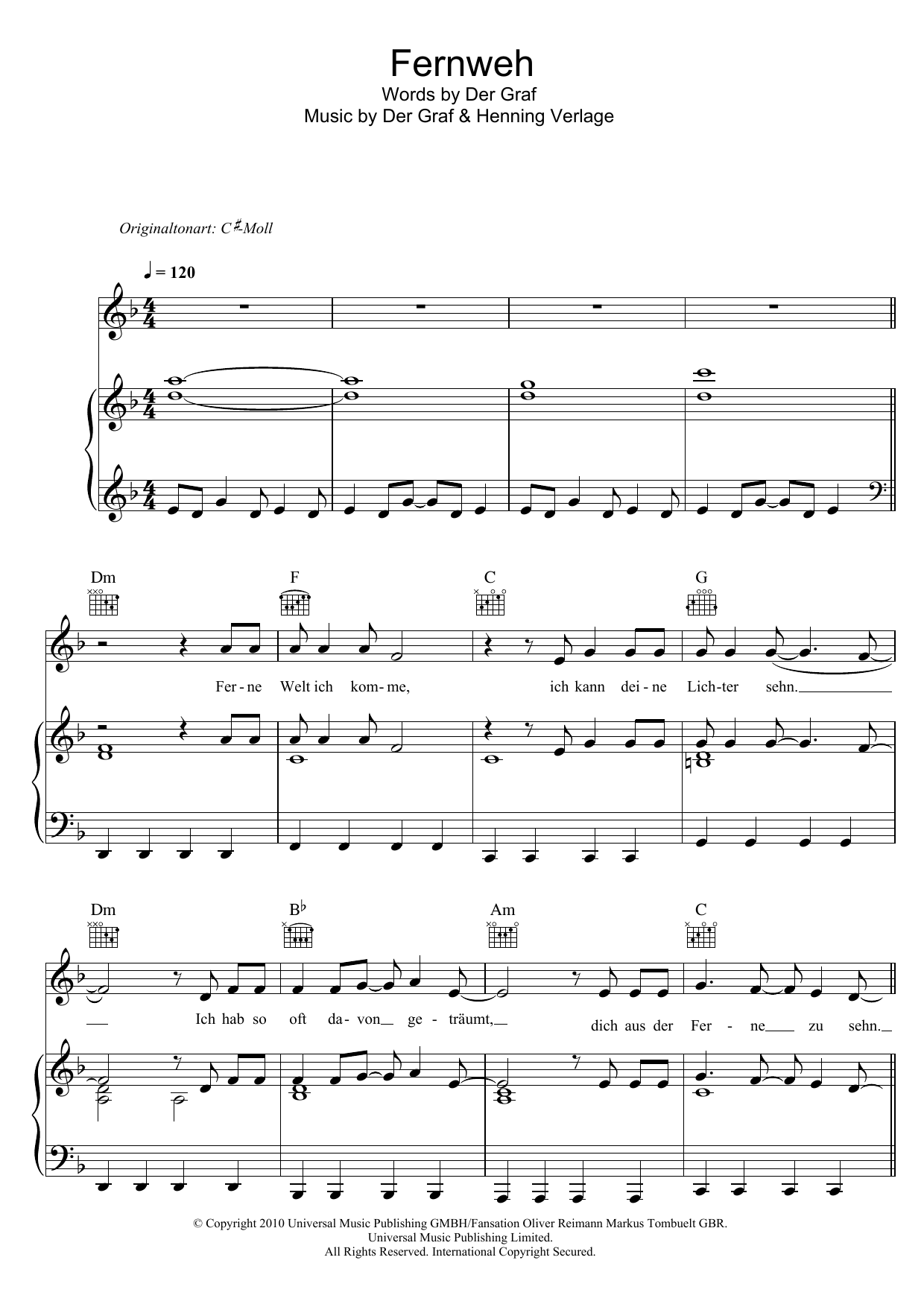 Unheilig Fernweh sheet music notes and chords arranged for Piano, Vocal & Guitar Chords