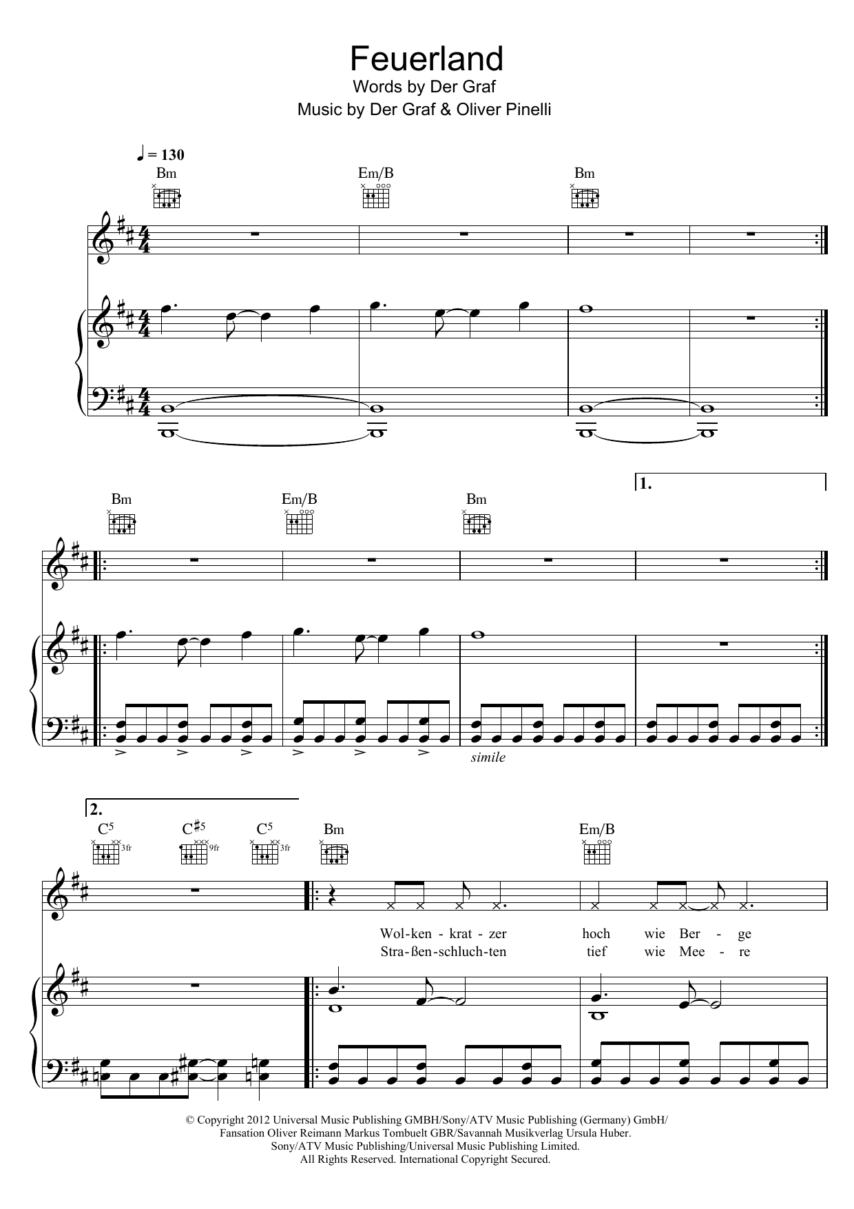 Unheilig Feuerland sheet music notes and chords arranged for Piano, Vocal & Guitar Chords