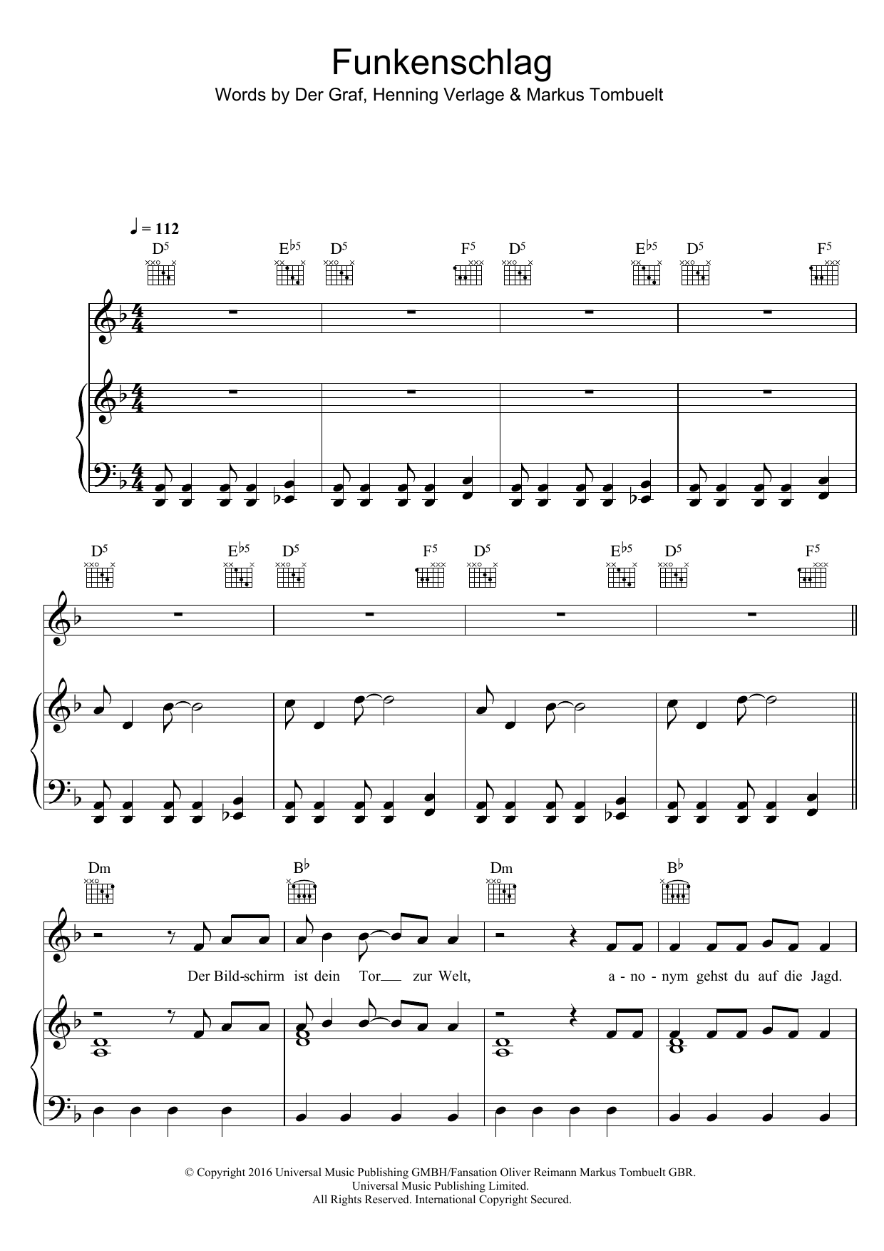 Unheilig Funkenschlag sheet music notes and chords arranged for Piano, Vocal & Guitar Chords