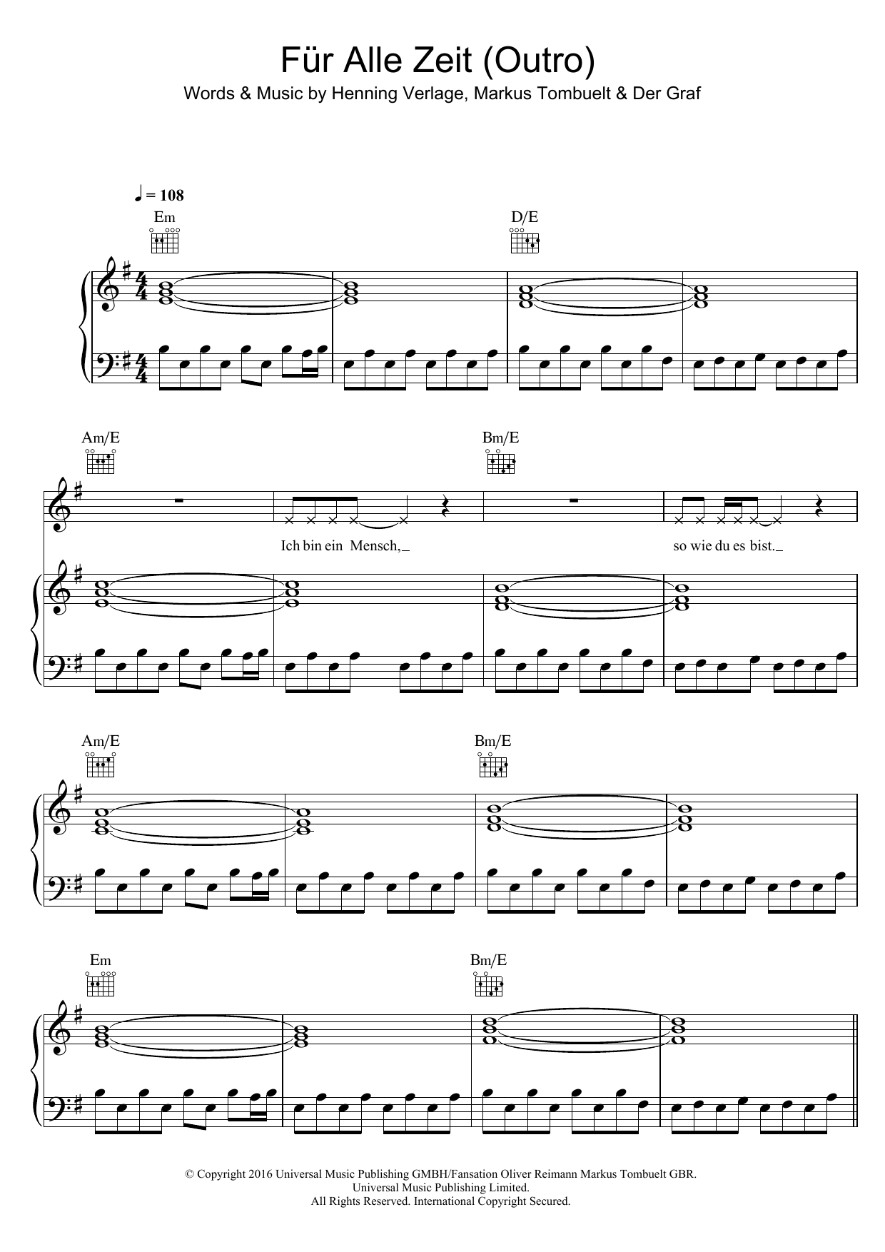Unheilig Fur Alle Zeit (Outro) sheet music notes and chords arranged for Piano, Vocal & Guitar Chords