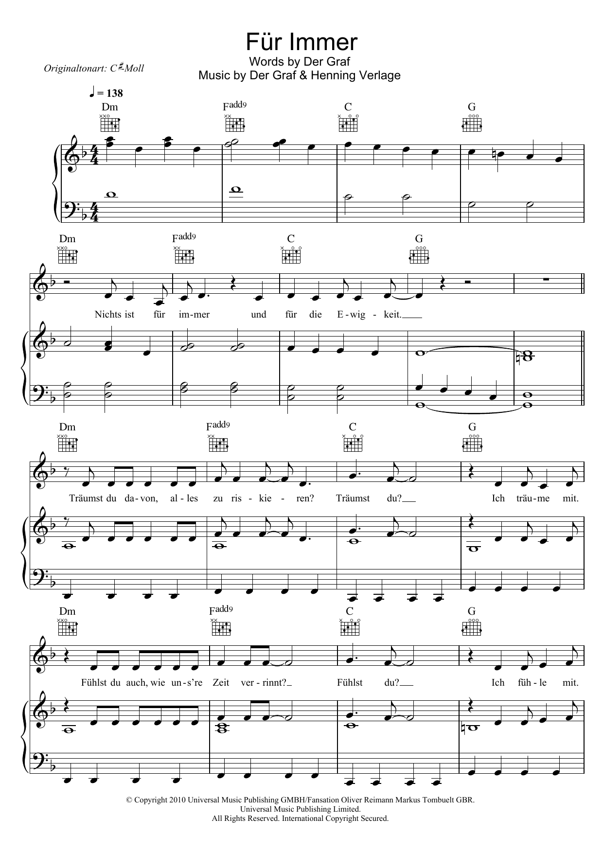 Unheilig Fur Immer sheet music notes and chords arranged for Piano, Vocal & Guitar Chords