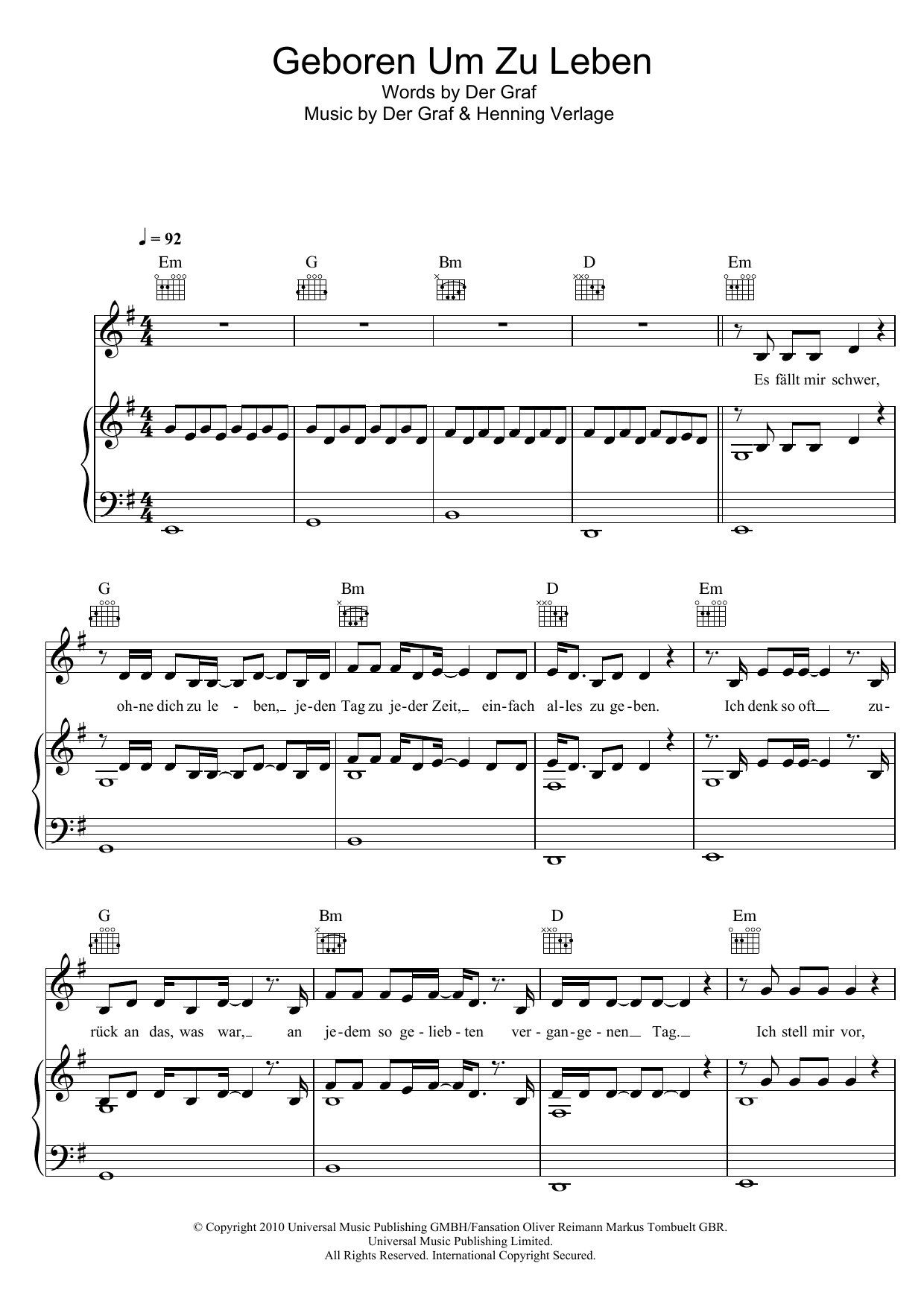 Unheilig Geboren Um Zu Leben sheet music notes and chords arranged for Piano, Vocal & Guitar Chords