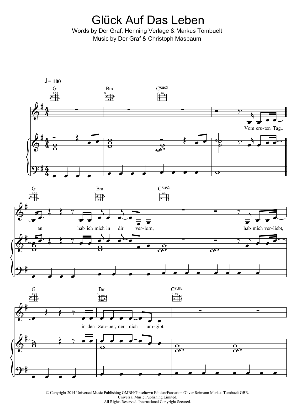 Unheilig Gluck Auf Das Leben sheet music notes and chords arranged for Piano, Vocal & Guitar Chords