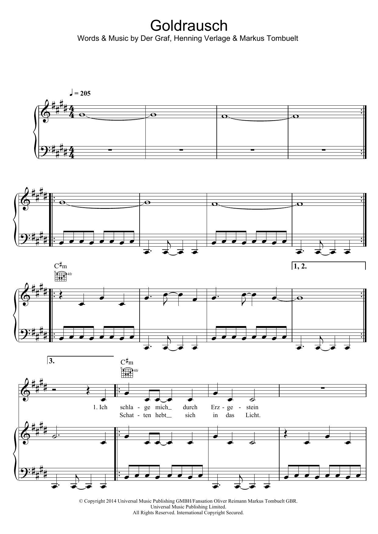 Unheilig Goldrausch sheet music notes and chords arranged for Piano, Vocal & Guitar Chords