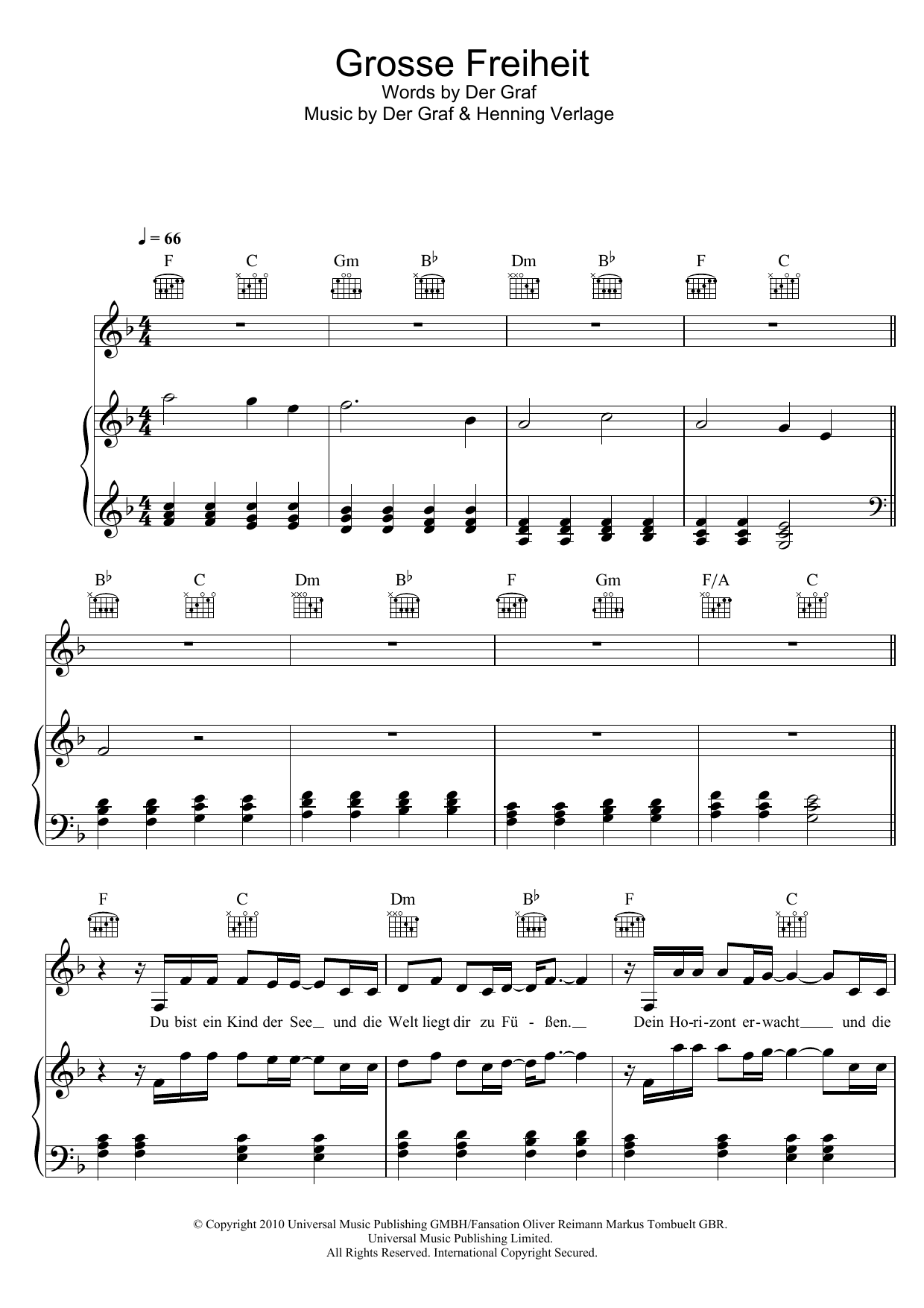 Unheilig Grosse Freiheit sheet music notes and chords arranged for Piano, Vocal & Guitar Chords