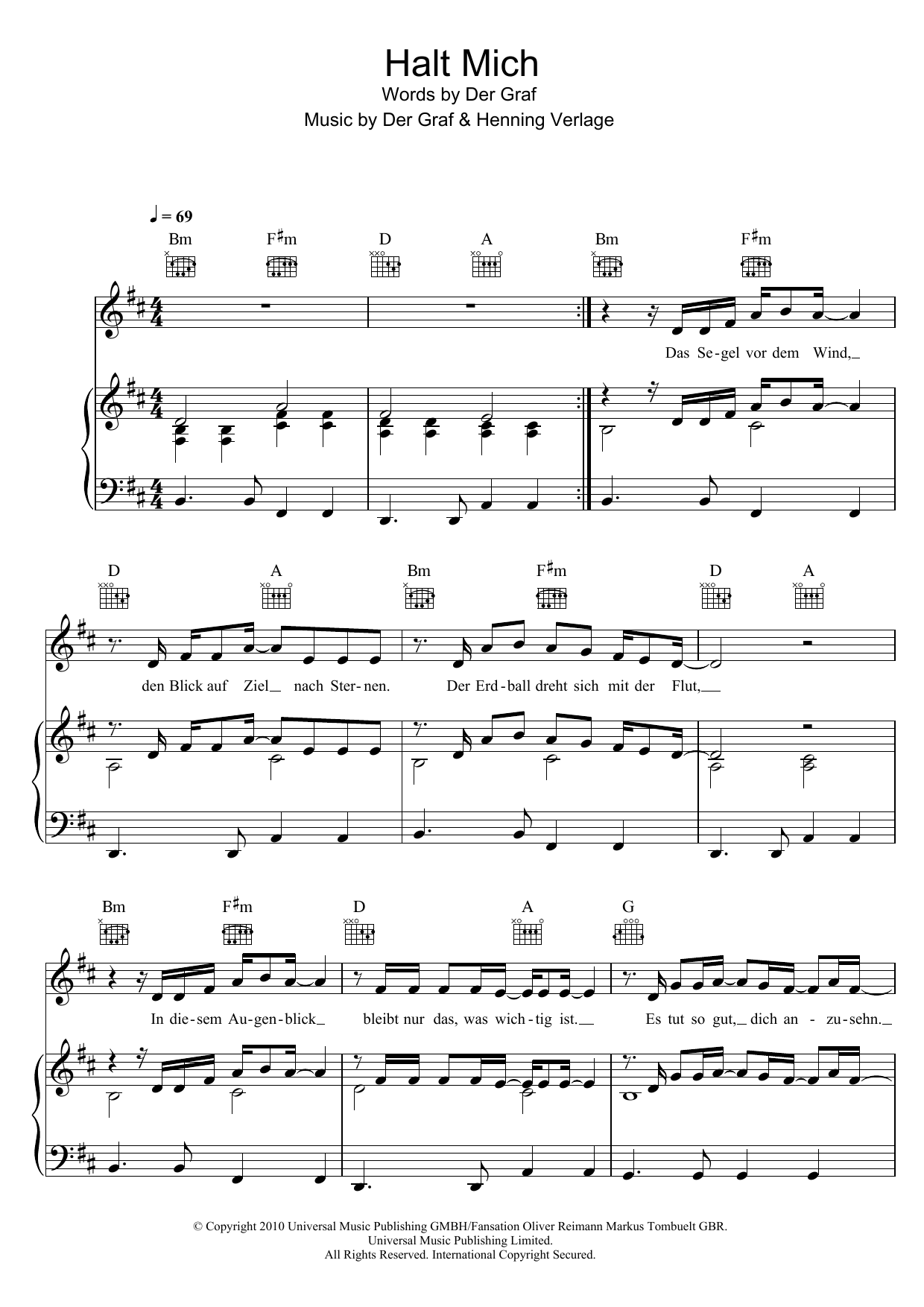 Unheilig Halt Mich sheet music notes and chords arranged for Piano, Vocal & Guitar Chords