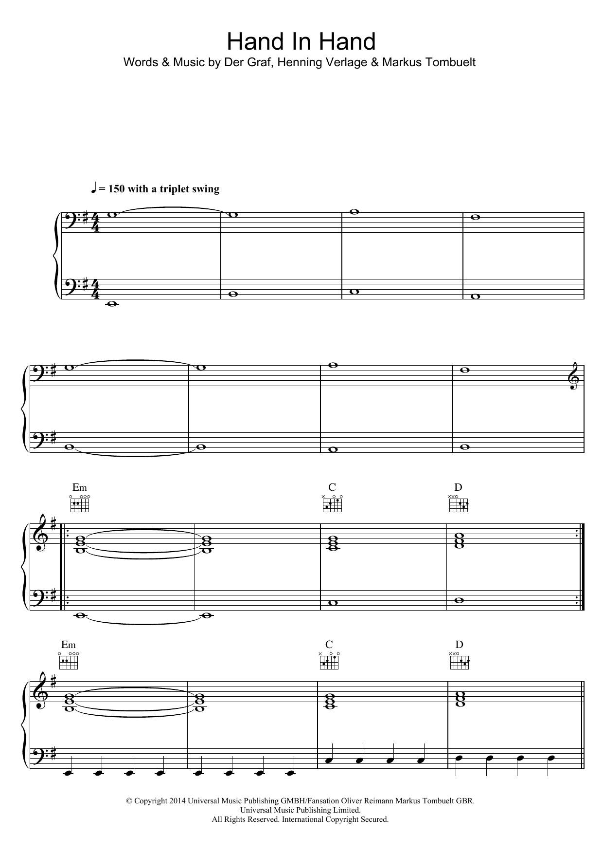 Unheilig Hand In Hand sheet music notes and chords arranged for Piano, Vocal & Guitar Chords