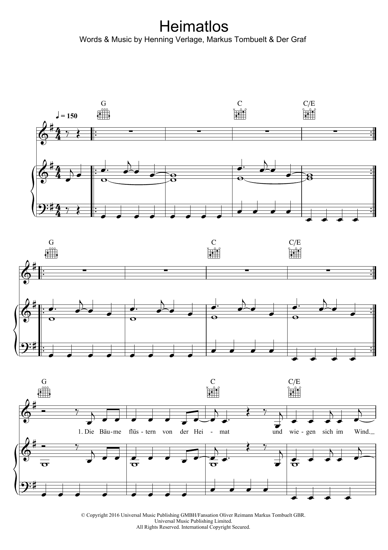 Unheilig Heimatlos sheet music notes and chords arranged for Piano, Vocal & Guitar Chords