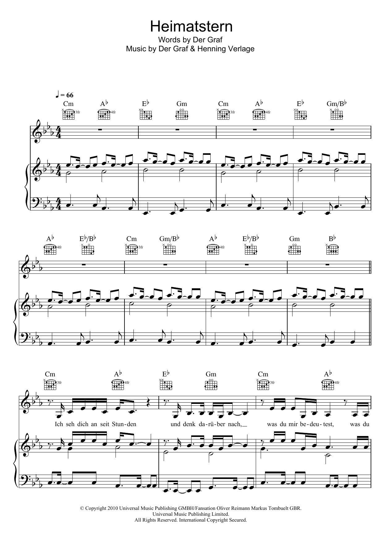 Unheilig Heimatstern sheet music notes and chords arranged for Piano, Vocal & Guitar Chords