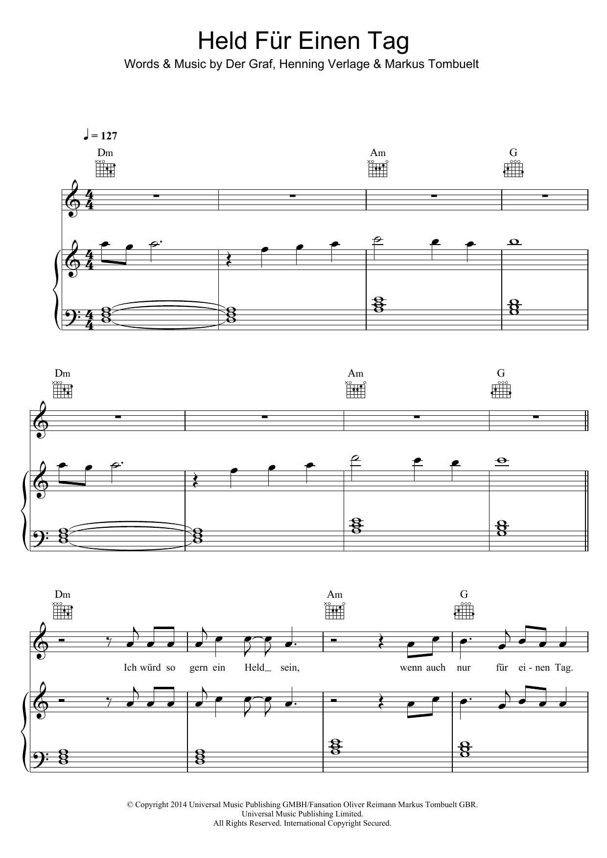 Unheilig Held Fur Einen Tag sheet music notes and chords arranged for Piano, Vocal & Guitar Chords
