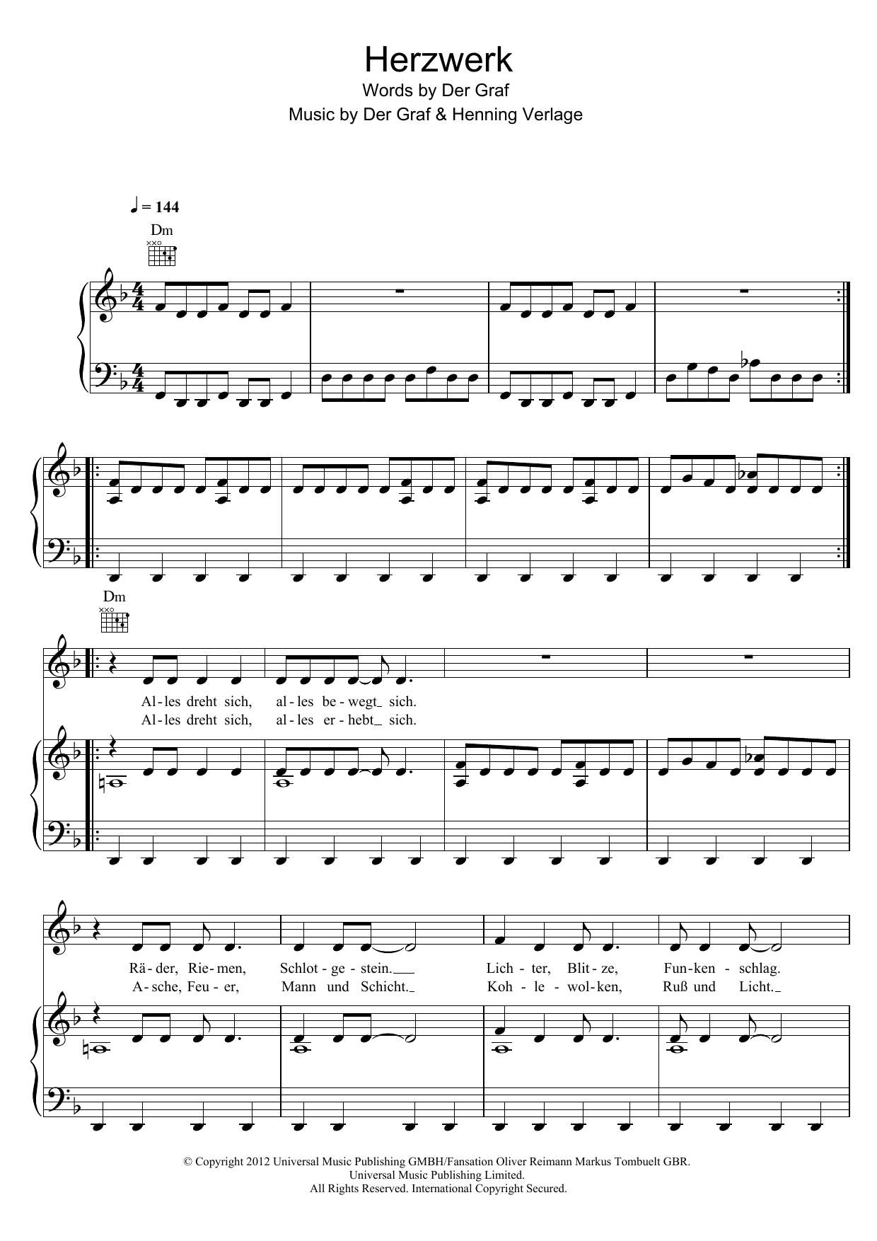 Unheilig Herzwerk sheet music notes and chords arranged for Piano, Vocal & Guitar Chords