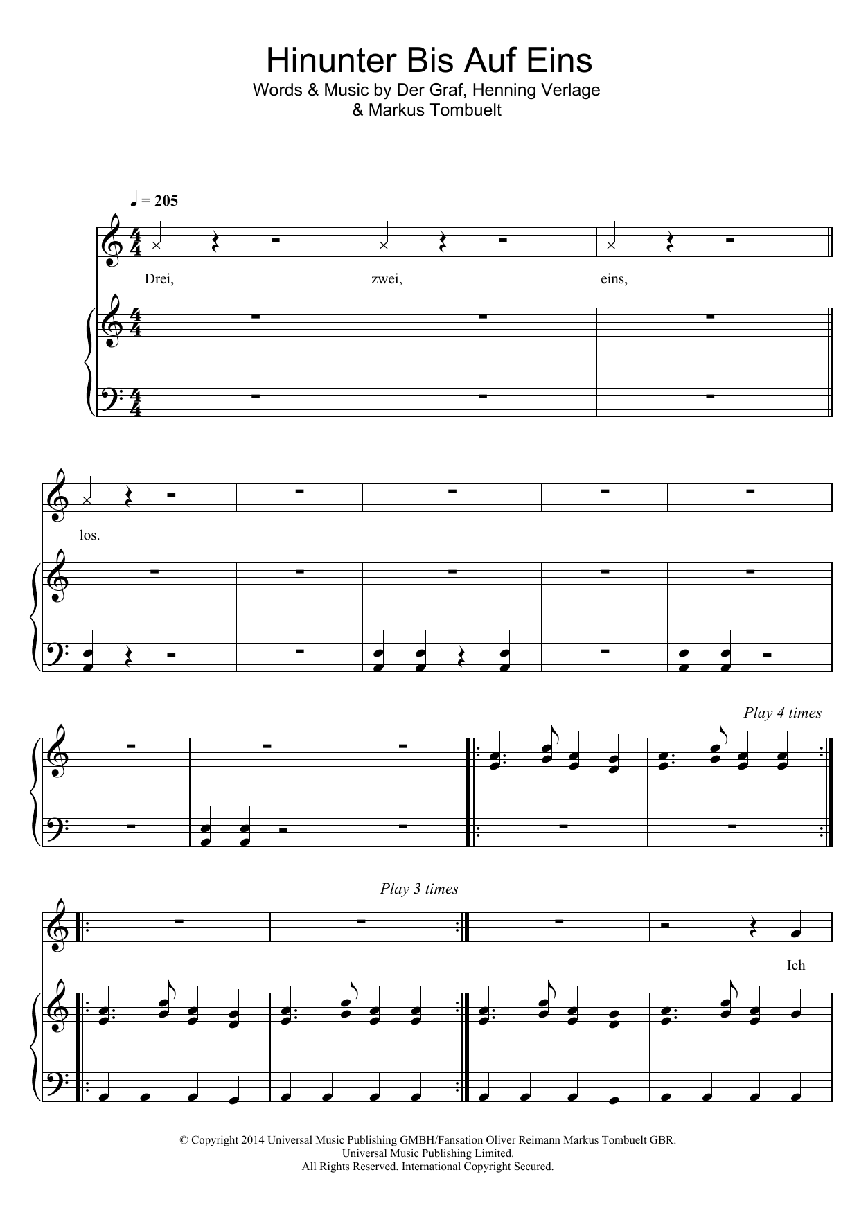 Unheilig Hinunter Bis Auf Eins sheet music notes and chords arranged for Piano, Vocal & Guitar Chords