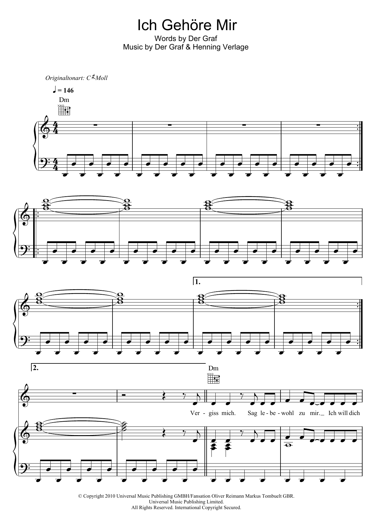 Unheilig Ich Gehore Mir sheet music notes and chords arranged for Piano, Vocal & Guitar Chords