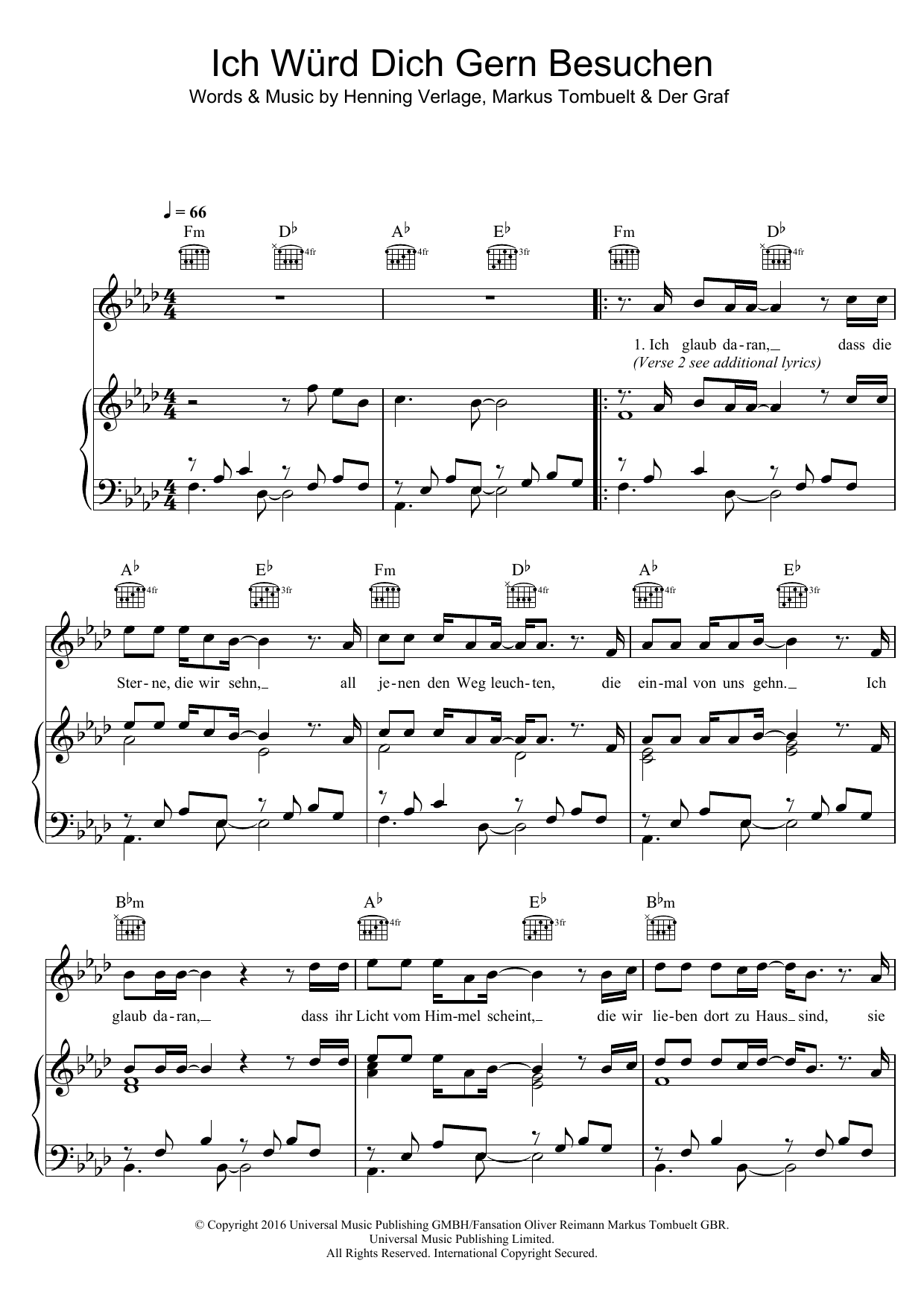 Unheilig Ich Wurd Dich Gern Besuchen sheet music notes and chords arranged for Piano, Vocal & Guitar Chords