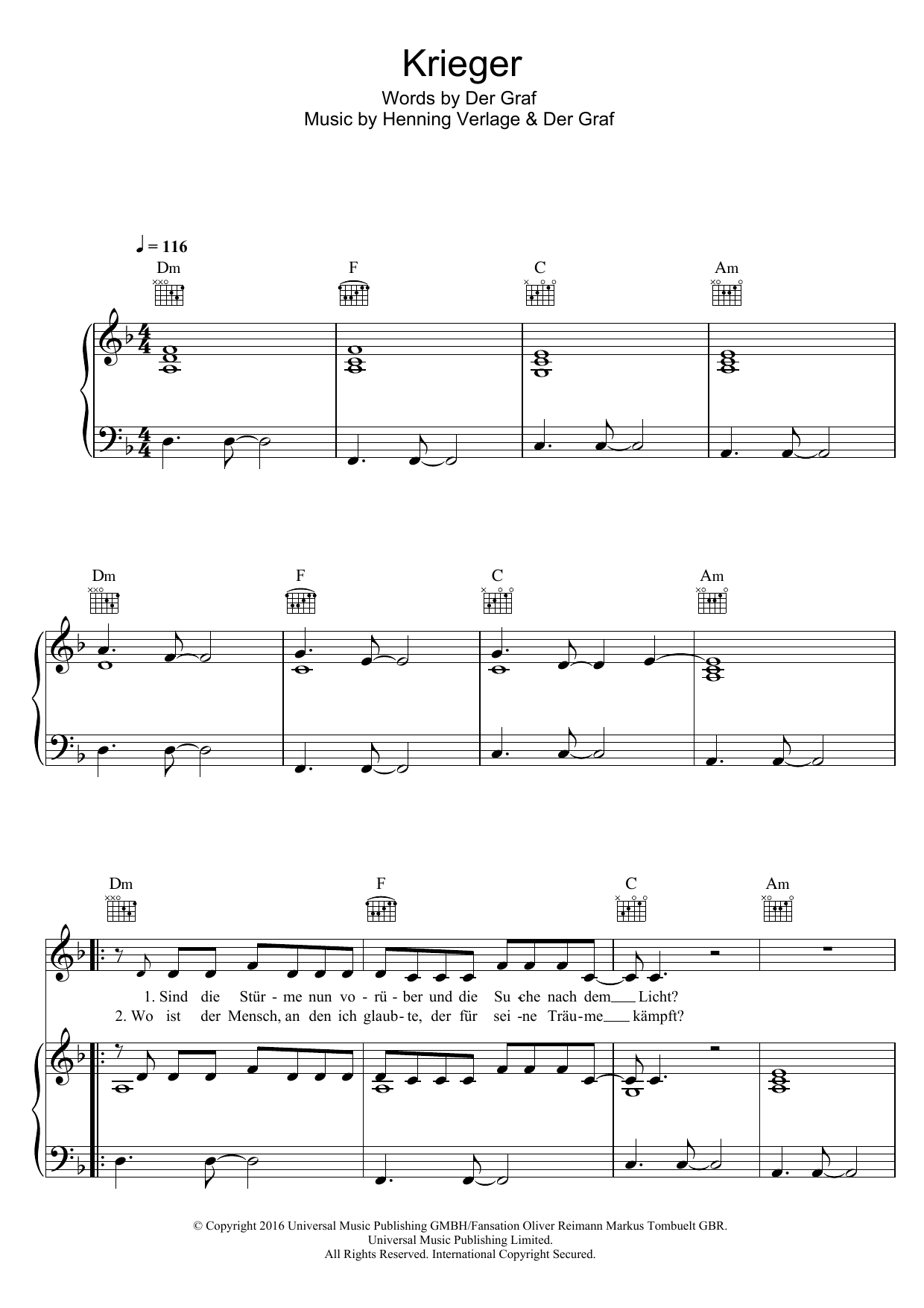 Unheilig Krieger sheet music notes and chords arranged for Piano, Vocal & Guitar Chords