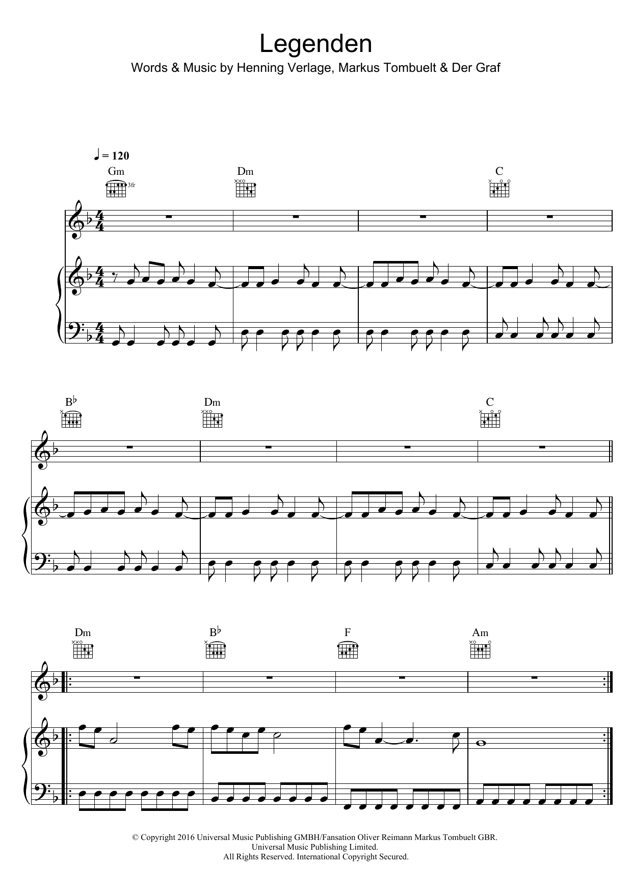 Unheilig Legenden sheet music notes and chords arranged for Piano, Vocal & Guitar Chords