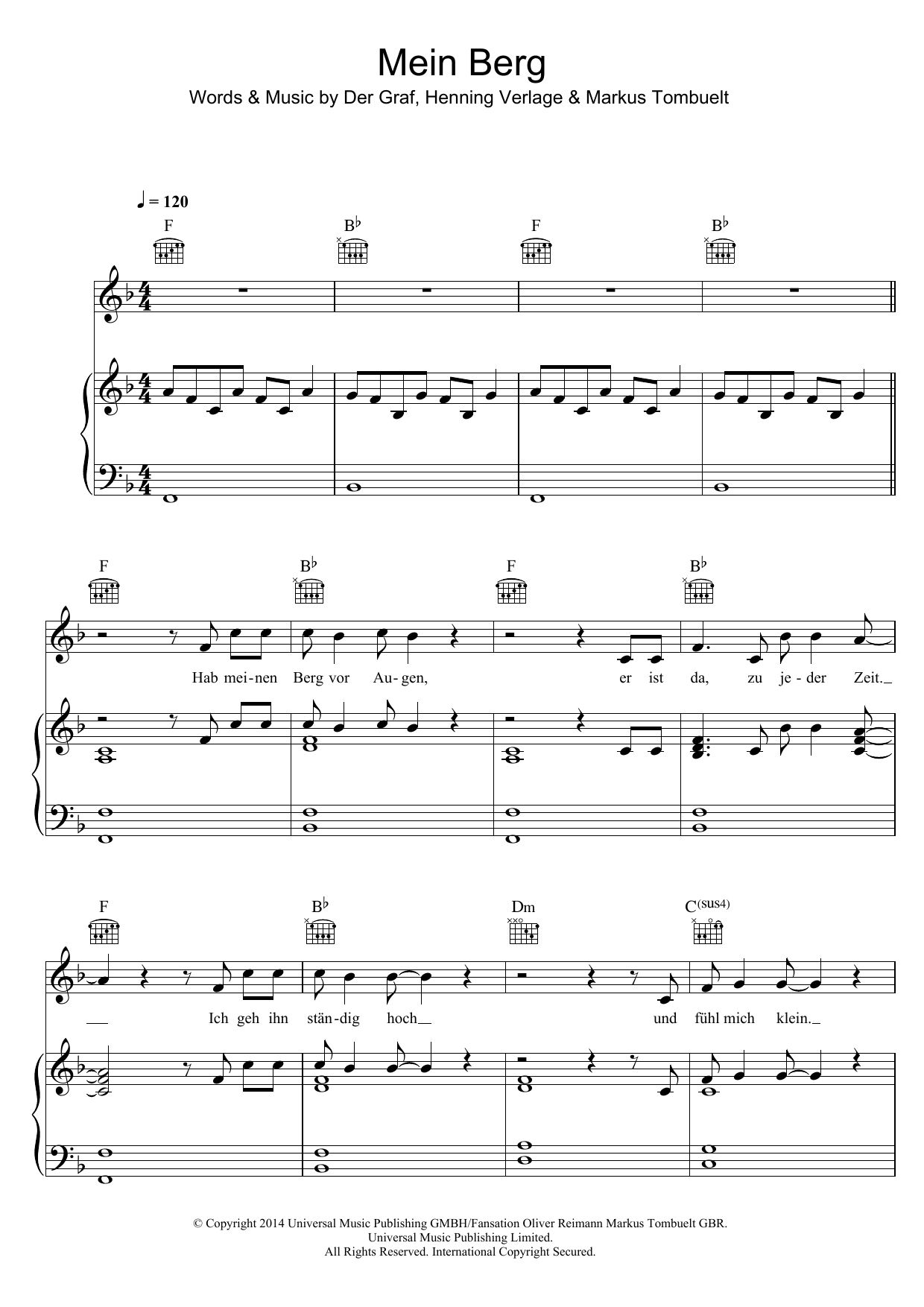 Unheilig Mein Berg sheet music notes and chords arranged for Piano, Vocal & Guitar Chords
