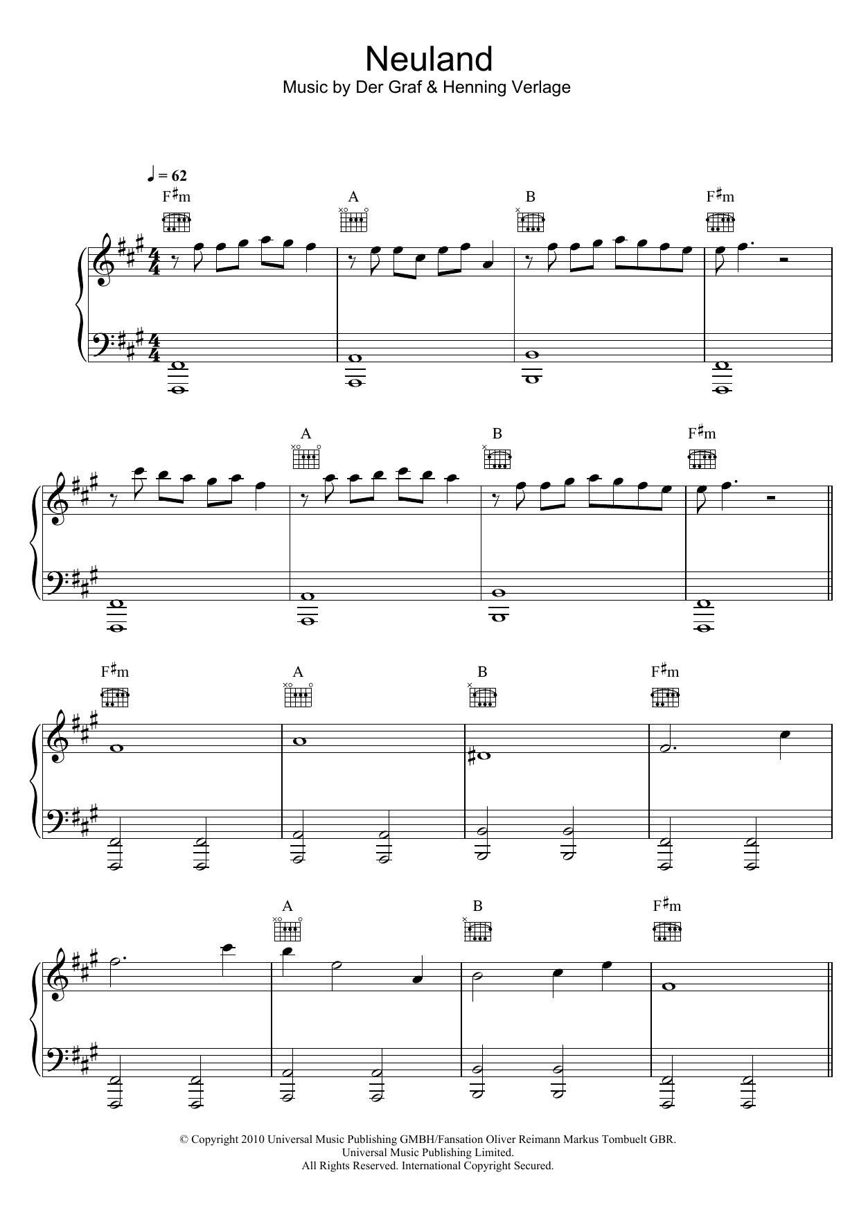 Unheilig Neuland sheet music notes and chords arranged for Piano, Vocal & Guitar Chords