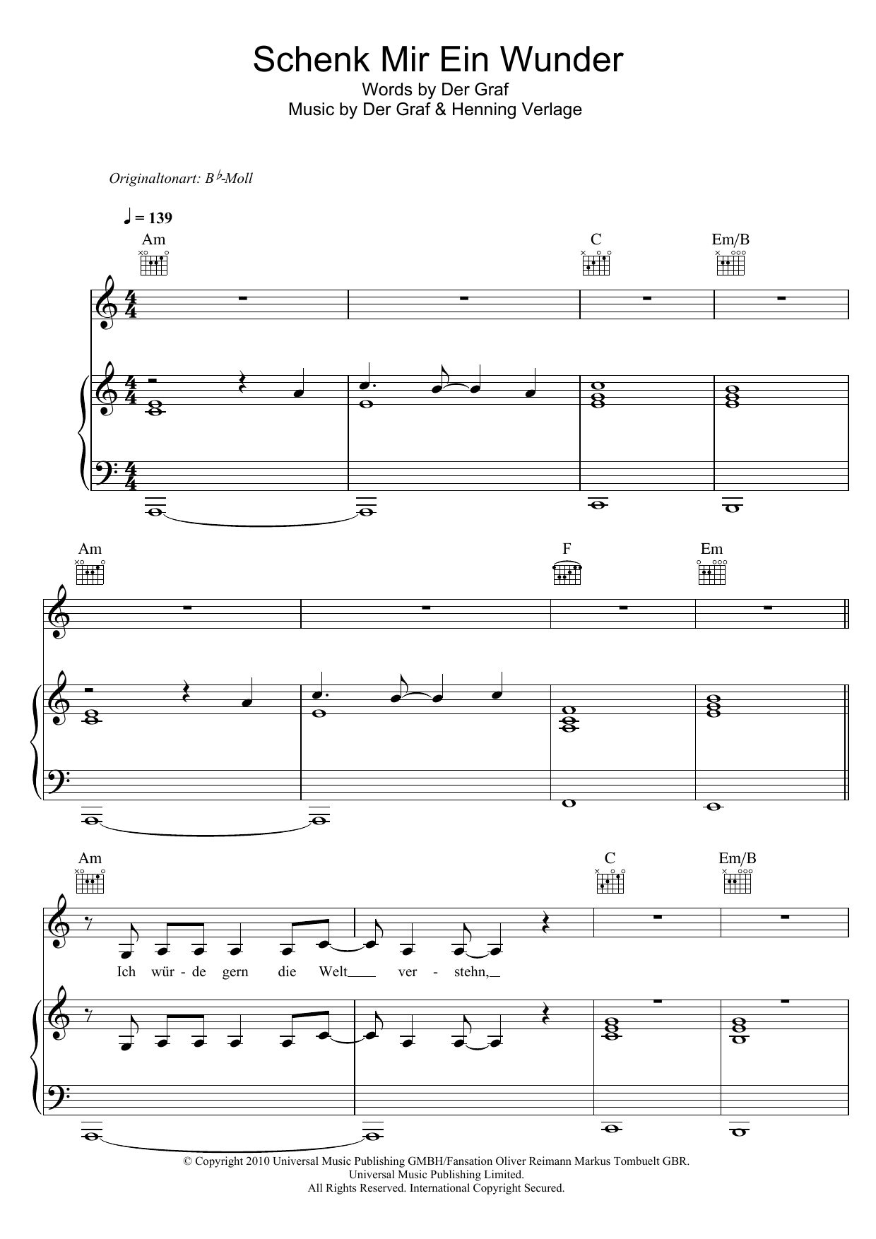 Unheilig Schenk Mir Ein Wunder sheet music notes and chords arranged for Piano, Vocal & Guitar Chords