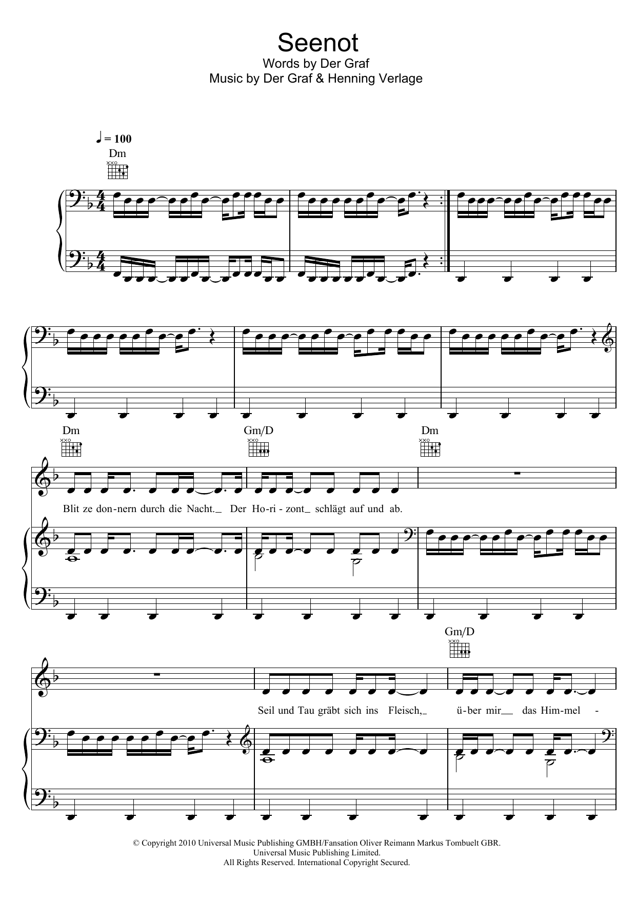 Unheilig Seenot sheet music notes and chords arranged for Piano, Vocal & Guitar Chords