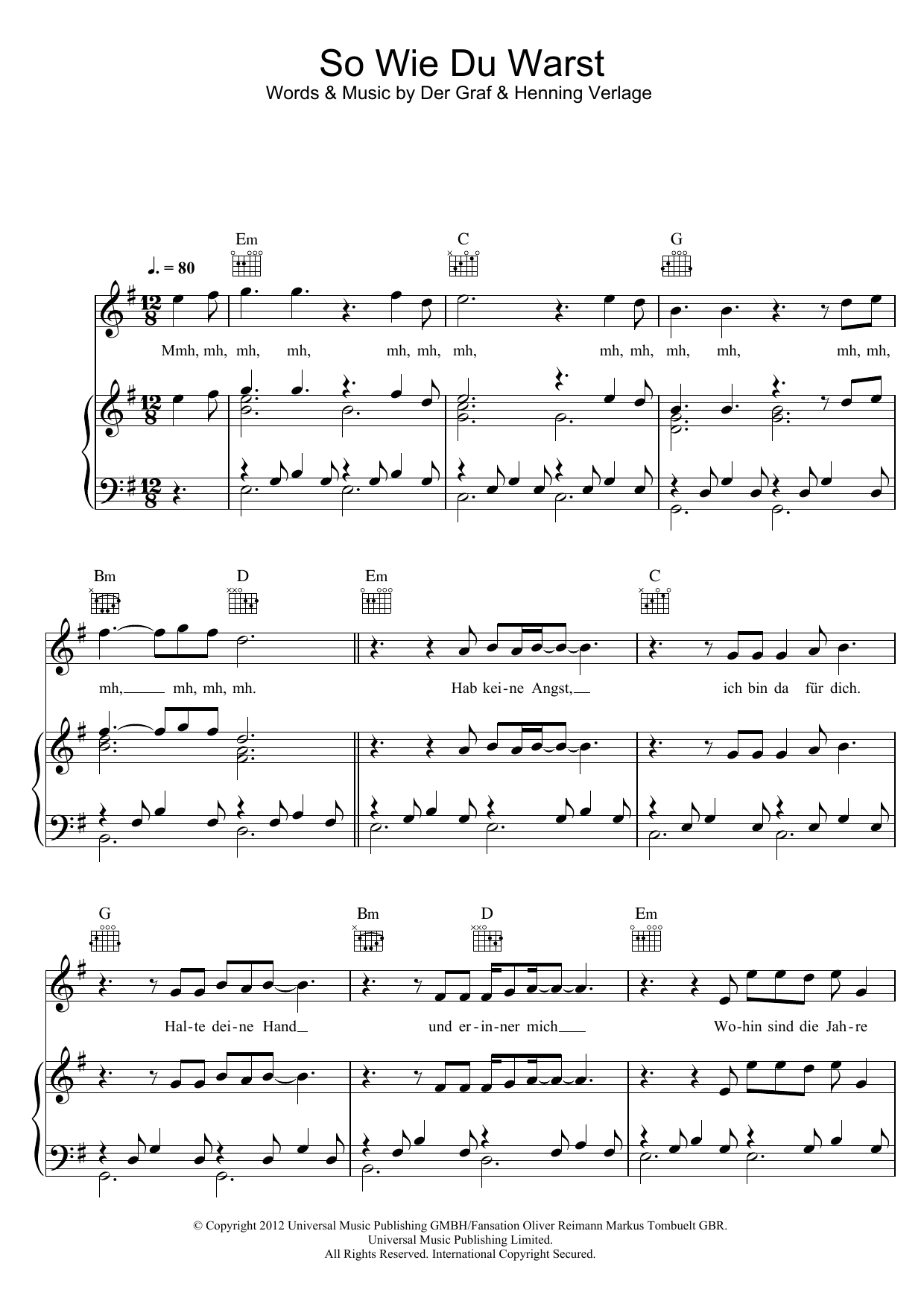Unheilig So Wie Du Warst sheet music notes and chords arranged for Piano, Vocal & Guitar Chords