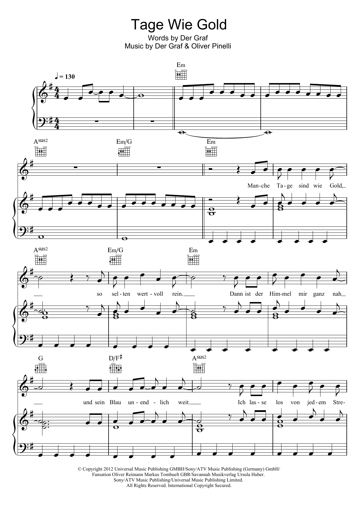 Unheilig Tage Wie Gold sheet music notes and chords arranged for Piano, Vocal & Guitar Chords