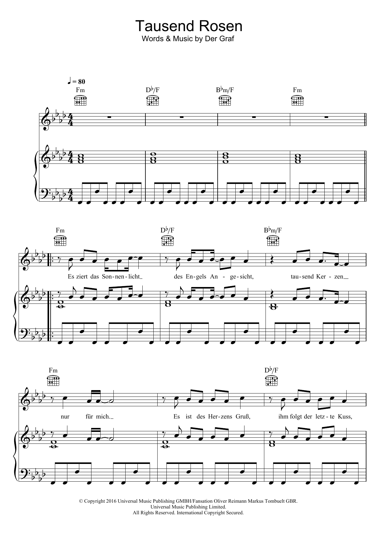 Unheilig Tausend Rosen sheet music notes and chords arranged for Piano, Vocal & Guitar Chords