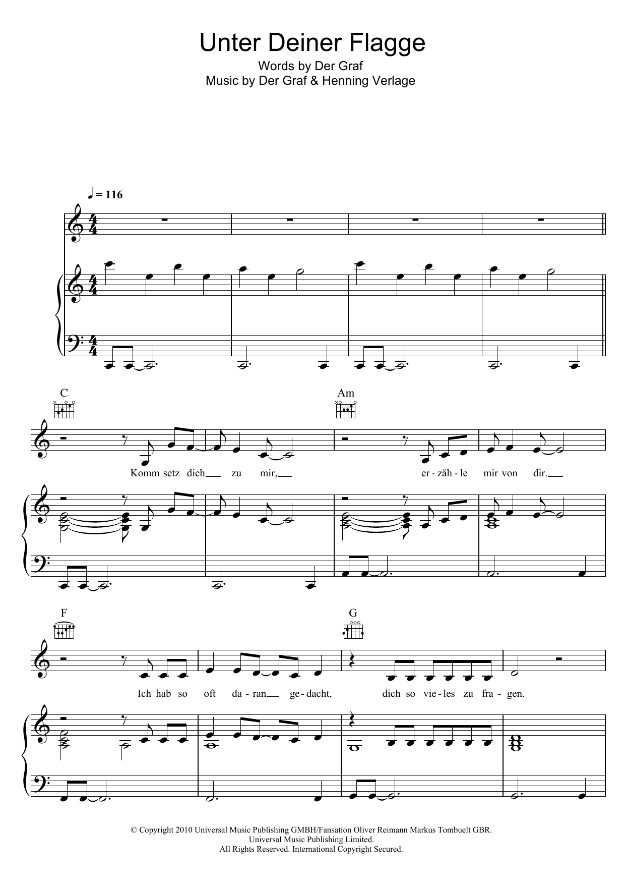 Unheilig Unter Deiner Flagge sheet music notes and chords arranged for Piano, Vocal & Guitar Chords