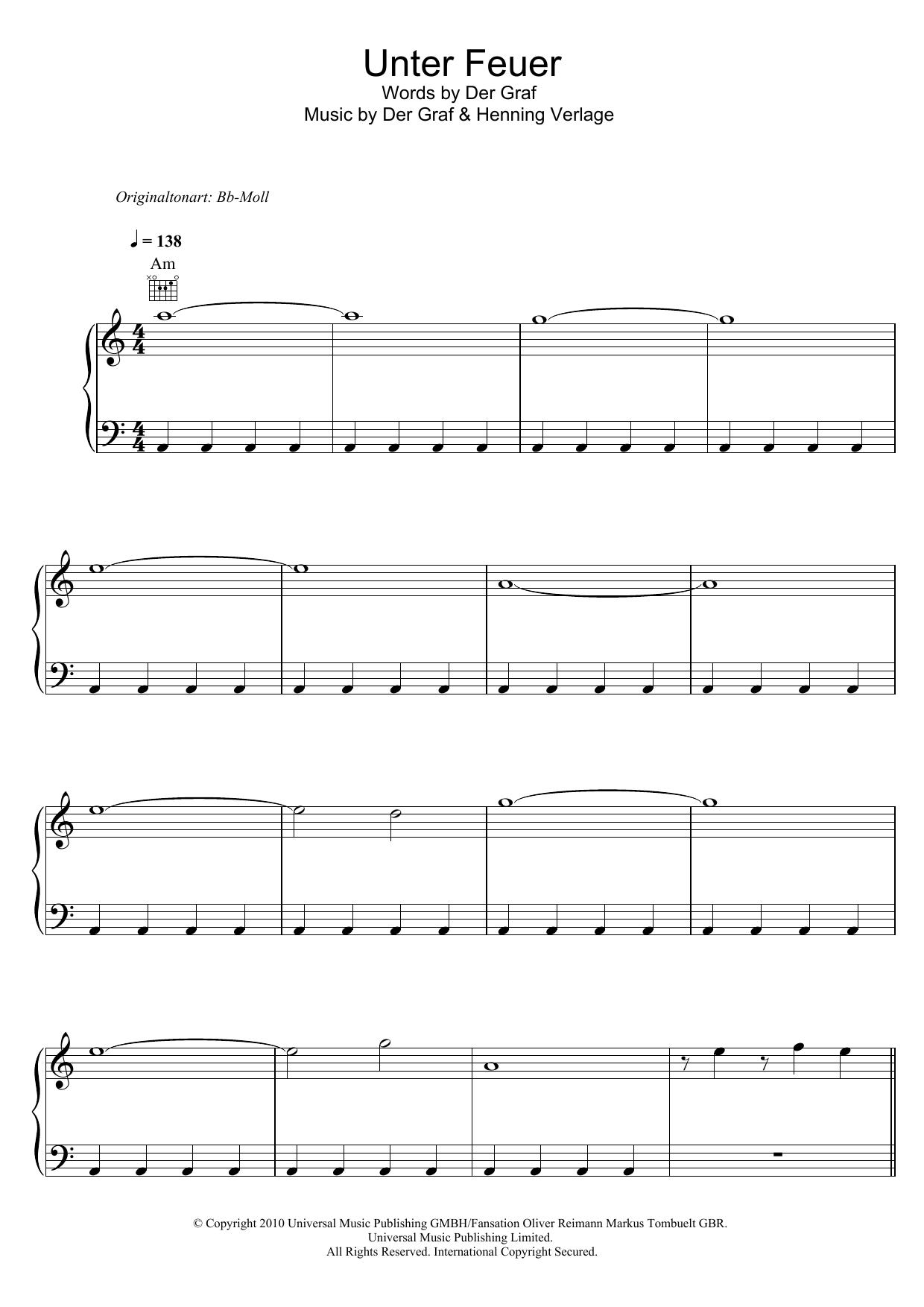 Unheilig Unter Feuer sheet music notes and chords arranged for Piano, Vocal & Guitar Chords
