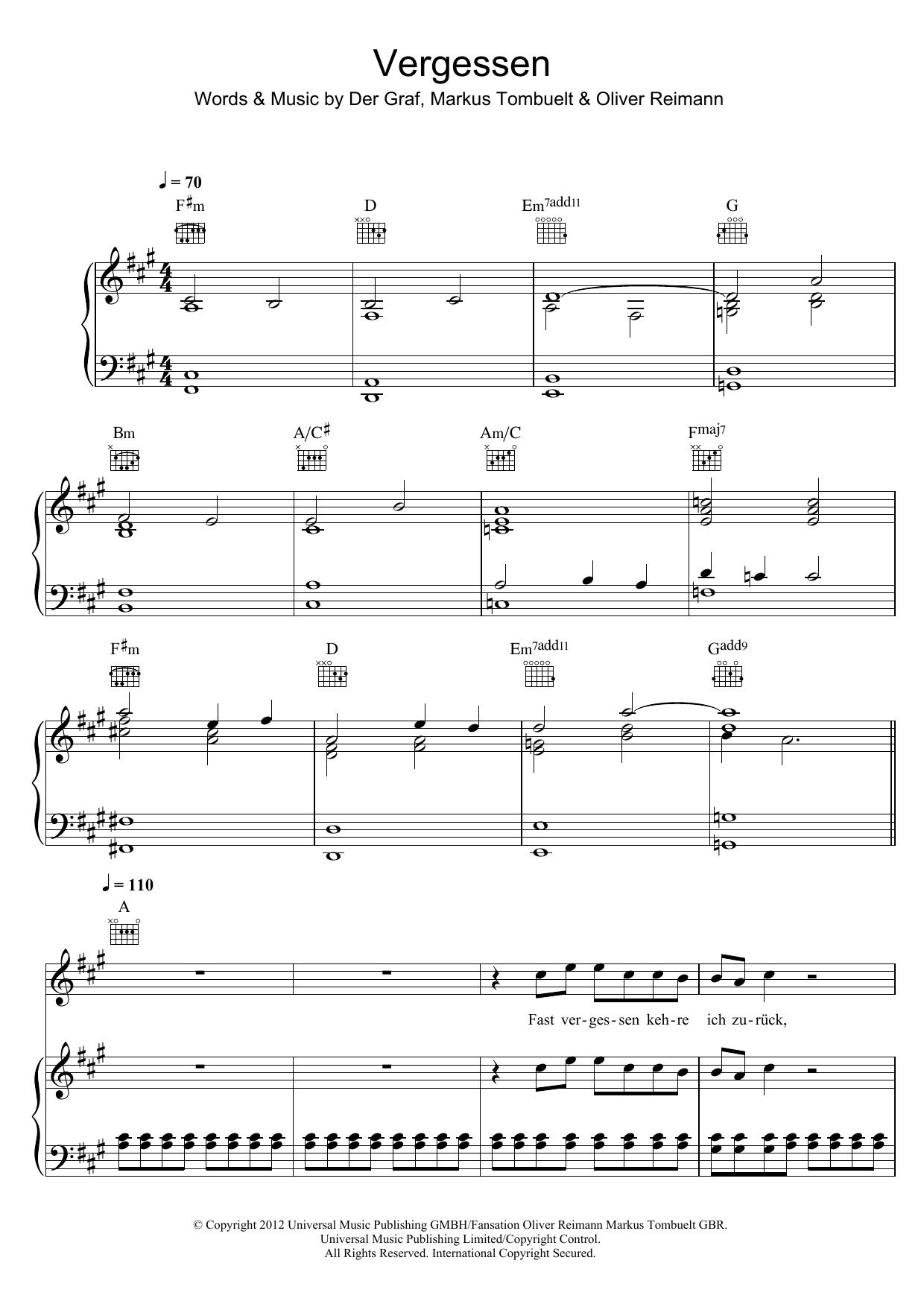 Unheilig Vergessen sheet music notes and chords arranged for Piano, Vocal & Guitar Chords
