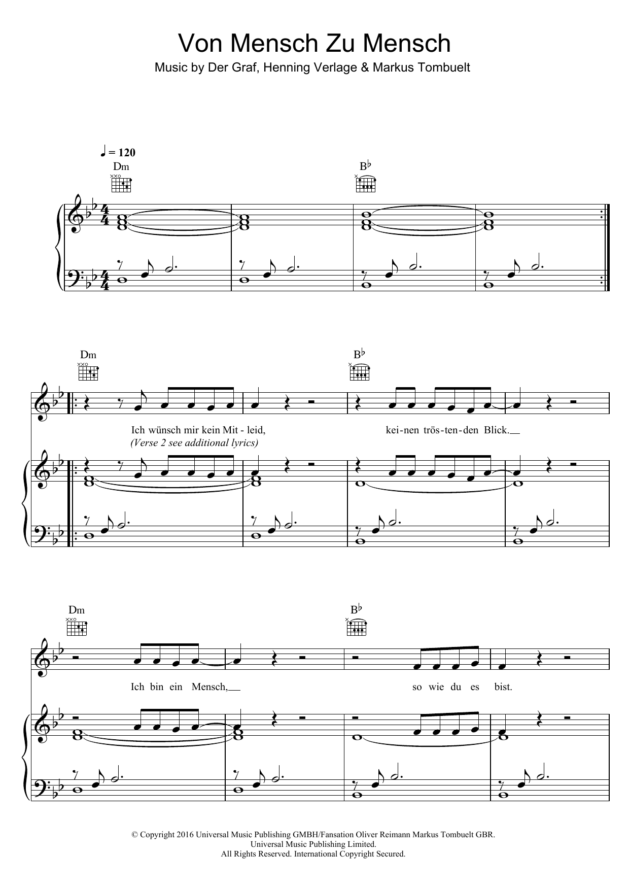 Unheilig Von Mensch Zu Mensch sheet music notes and chords arranged for Piano, Vocal & Guitar Chords