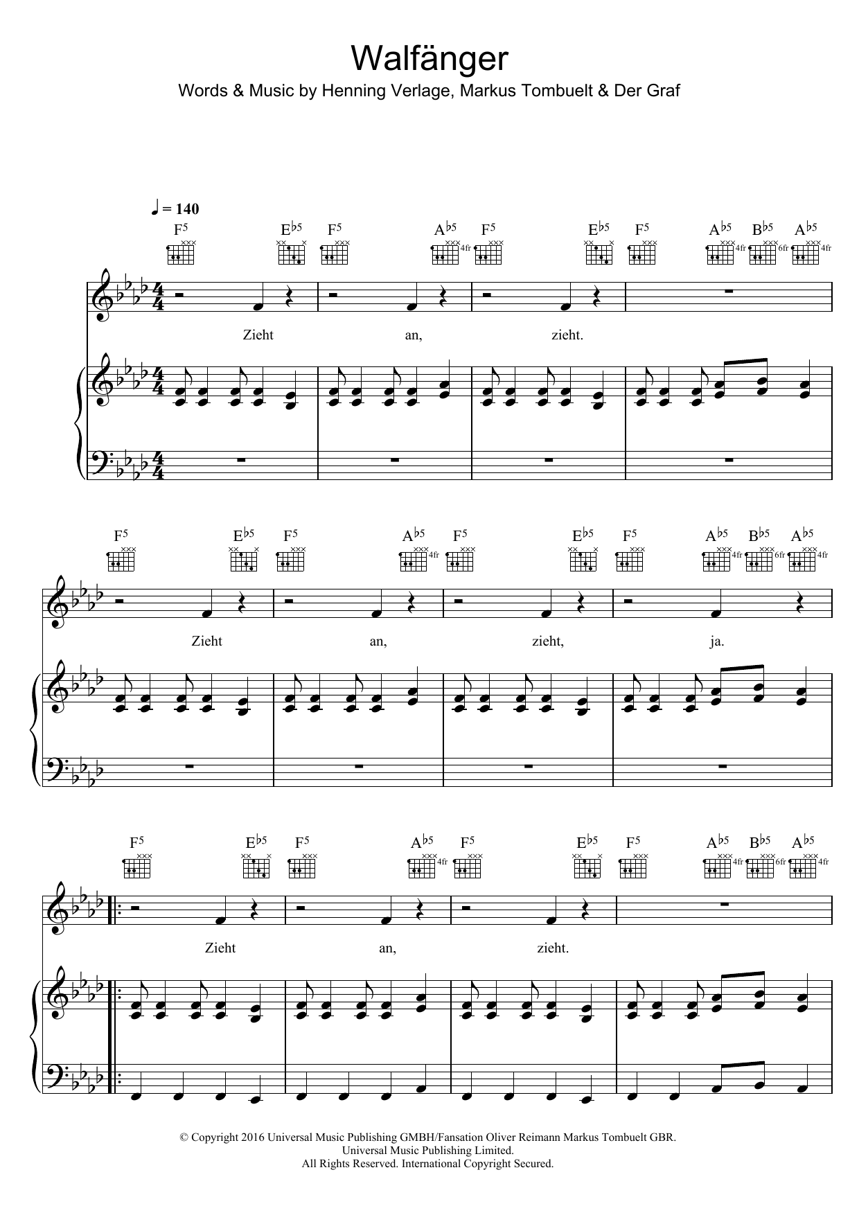 Unheilig Walfanger sheet music notes and chords arranged for Piano, Vocal & Guitar Chords