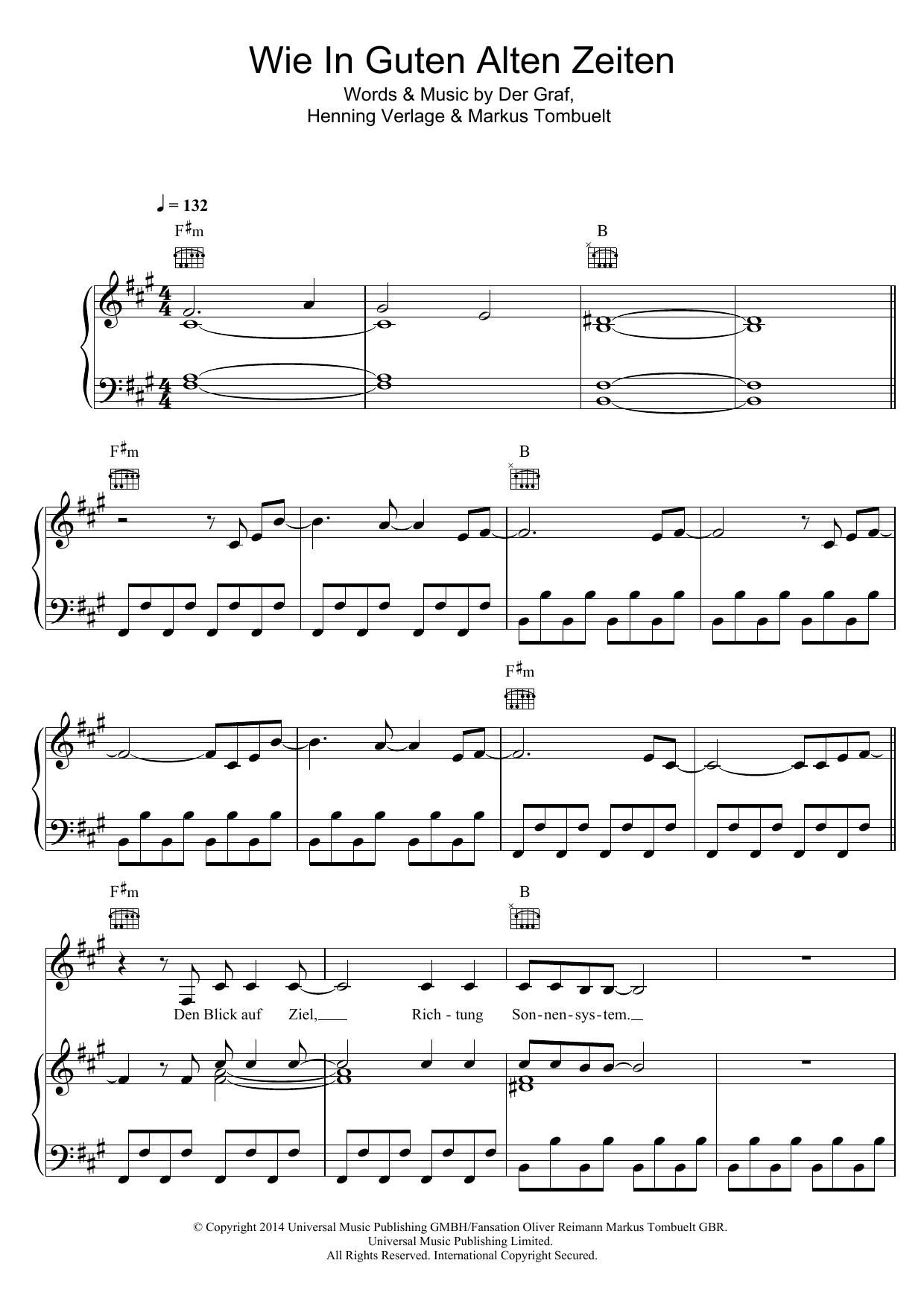 Unheilig Wie In Guten Alten Zeiten sheet music notes and chords arranged for Piano, Vocal & Guitar Chords