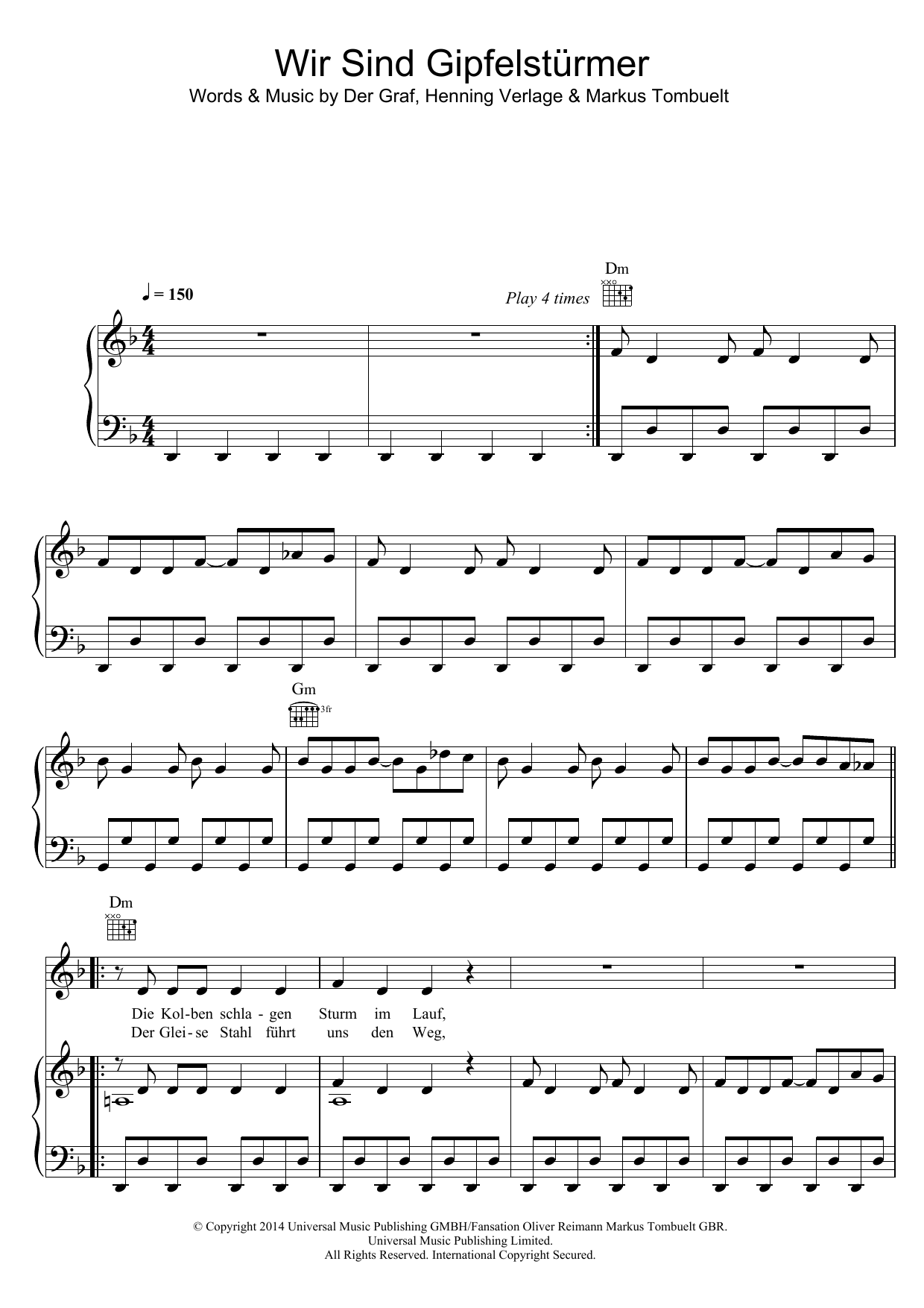 Unheilig Wir Sind Die Gipfelsturmer sheet music notes and chords arranged for Piano, Vocal & Guitar Chords