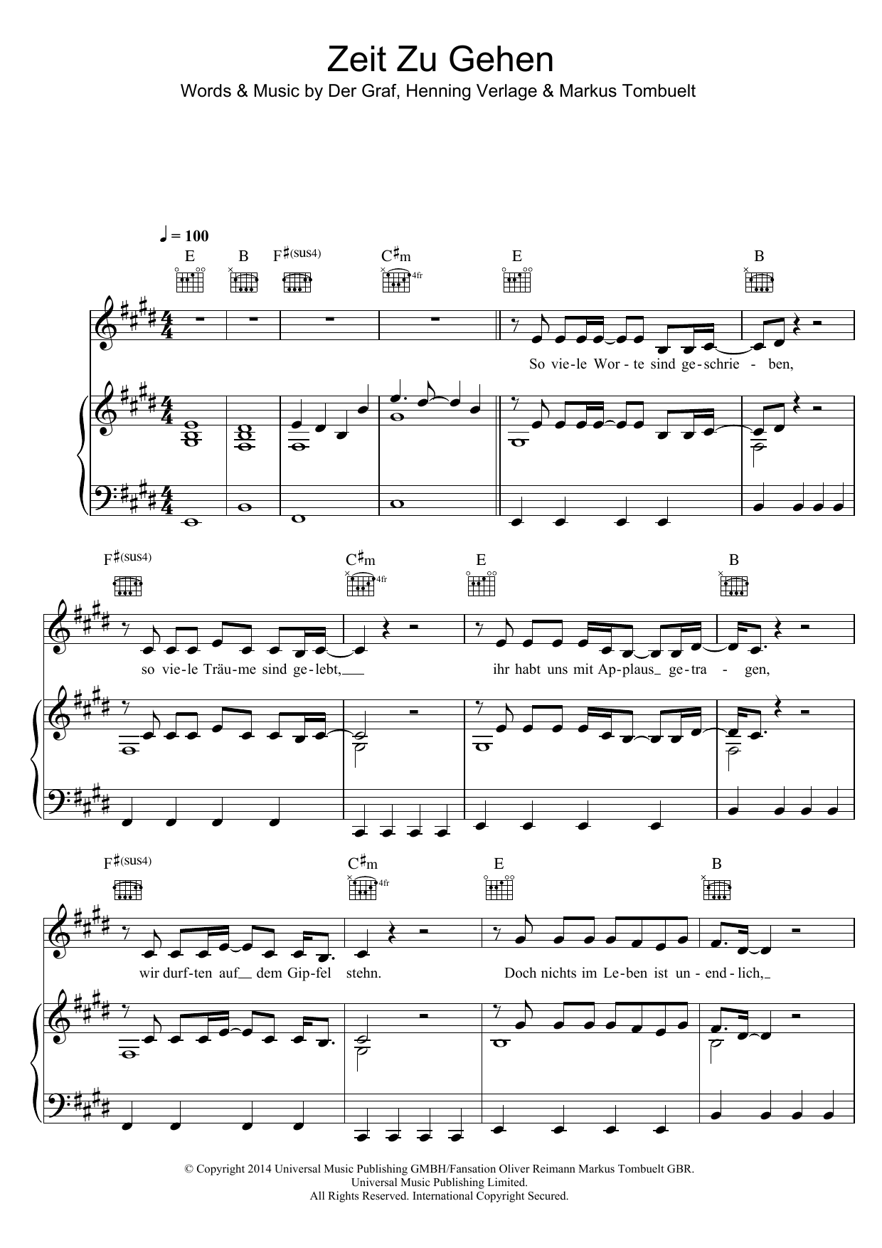 Unheilig Zeit Zu Gehen sheet music notes and chords arranged for Piano, Vocal & Guitar Chords