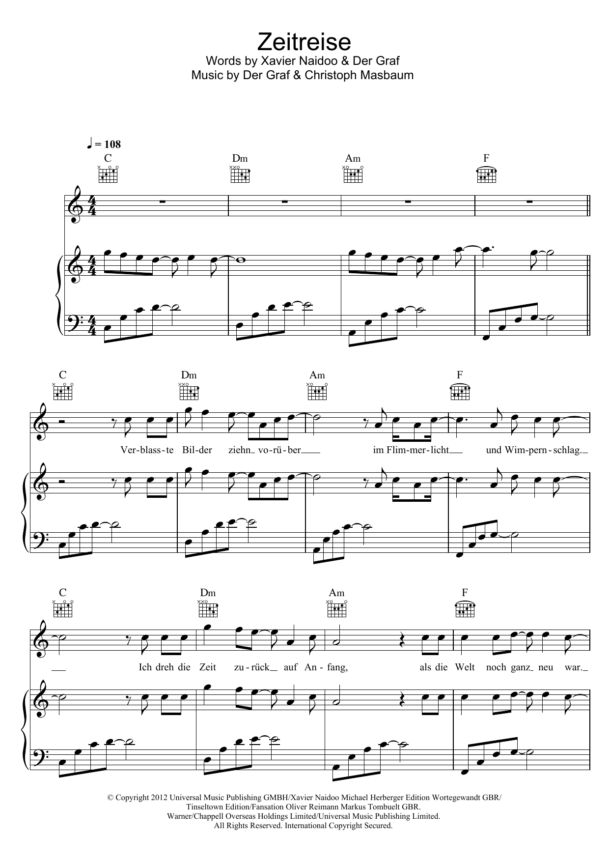 Unheilig Zeitreise sheet music notes and chords arranged for Piano, Vocal & Guitar Chords