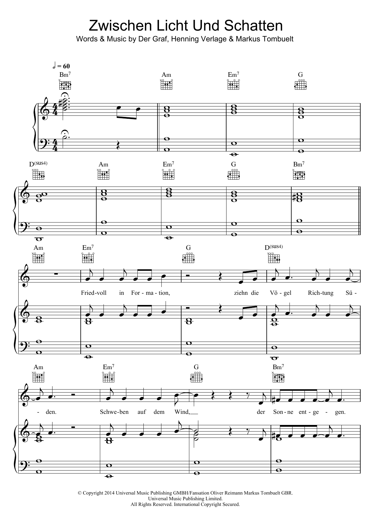 Unheilig Zwischen Licht und Schatten sheet music notes and chords arranged for Piano, Vocal & Guitar Chords