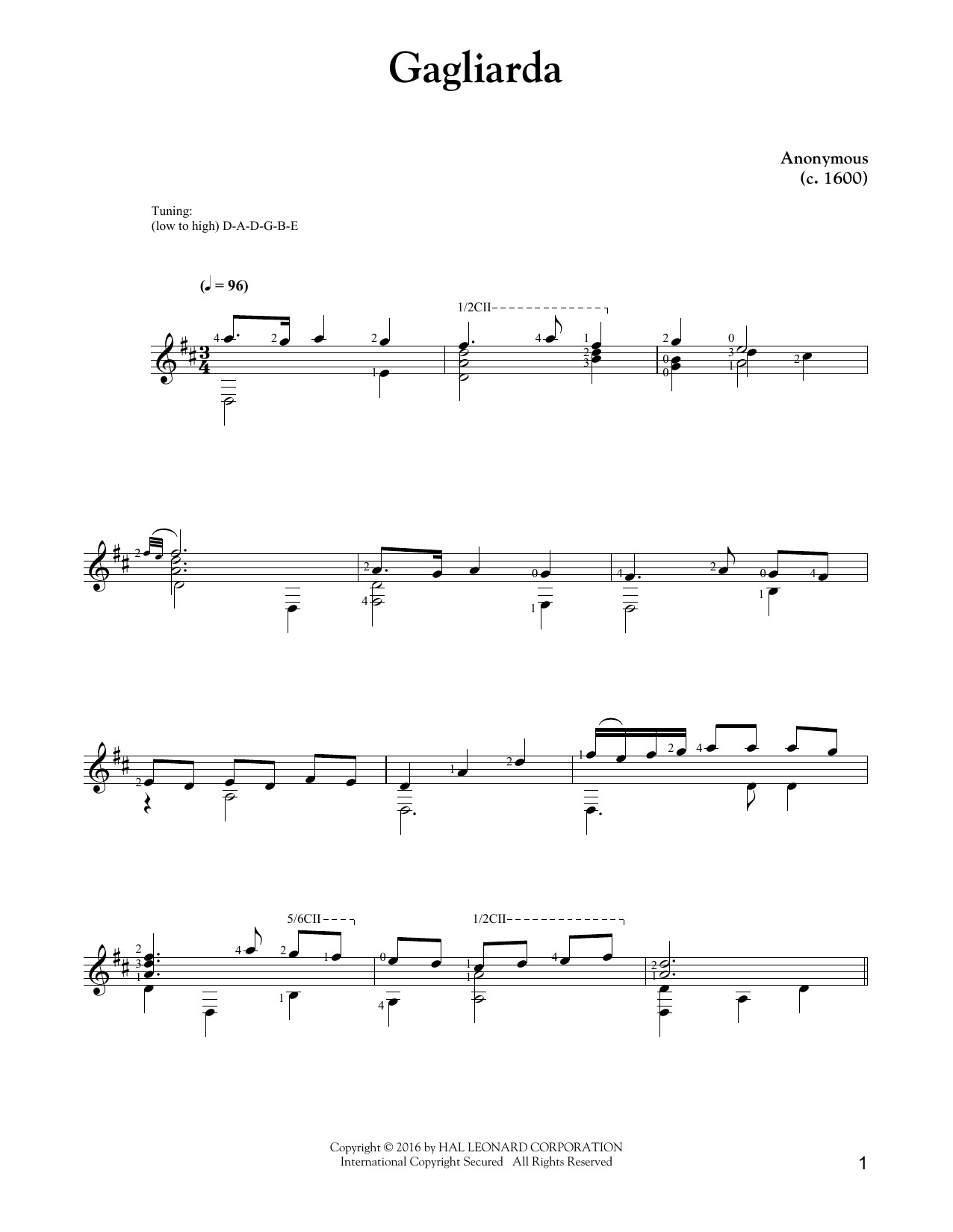 Unknown Gagliarda sheet music notes and chords arranged for Solo Guitar