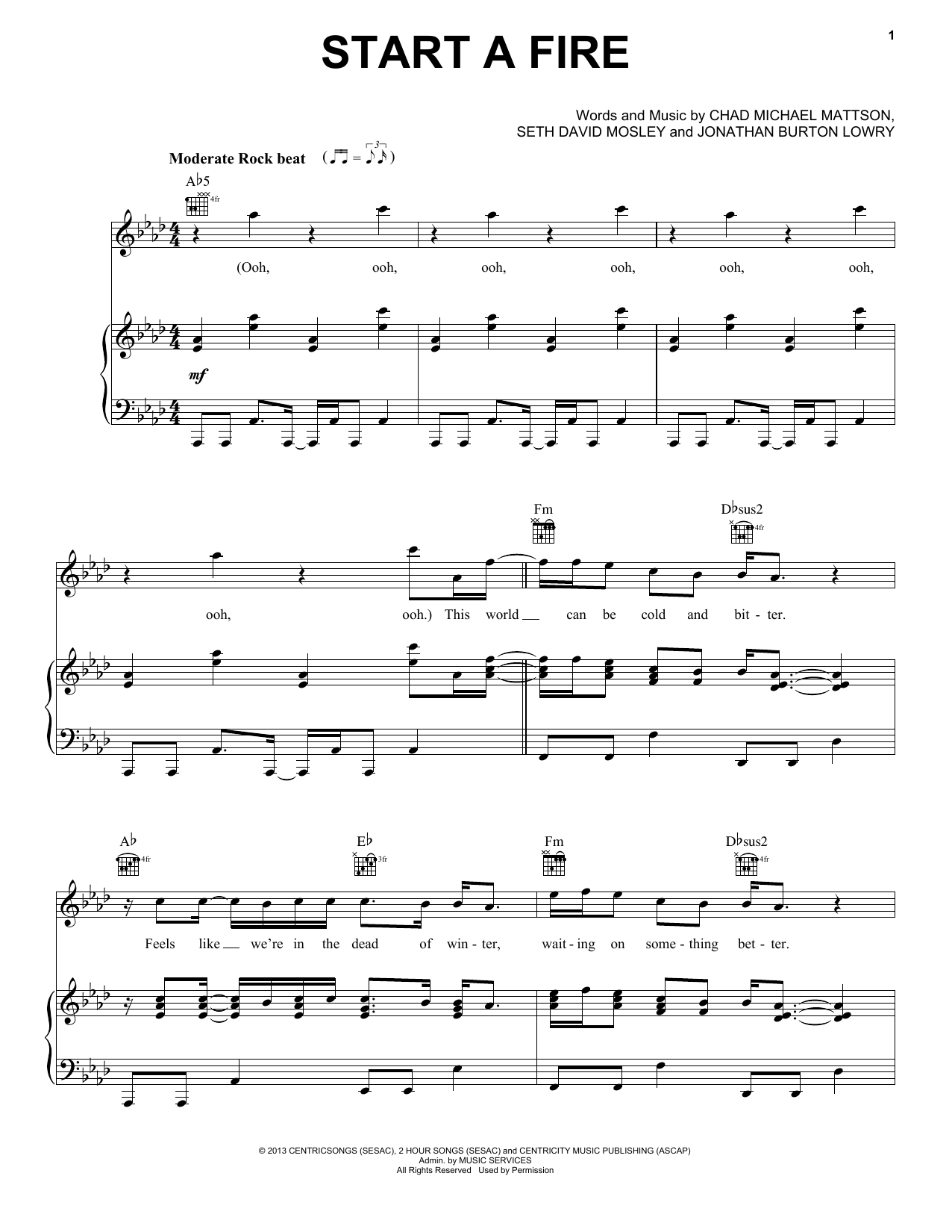 Seth David Mosley Start A Fire sheet music notes and chords arranged for Piano, Vocal & Guitar Chords (Right-Hand Melody)