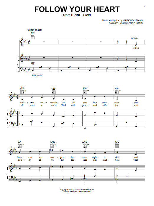 Urinetown (Musical) Follow Your Heart sheet music notes and chords arranged for Piano, Vocal & Guitar Chords (Right-Hand Melody)