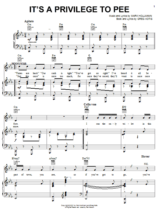Urinetown (Musical) It's A Privilege To Pee sheet music notes and chords arranged for Piano, Vocal & Guitar Chords (Right-Hand Melody)