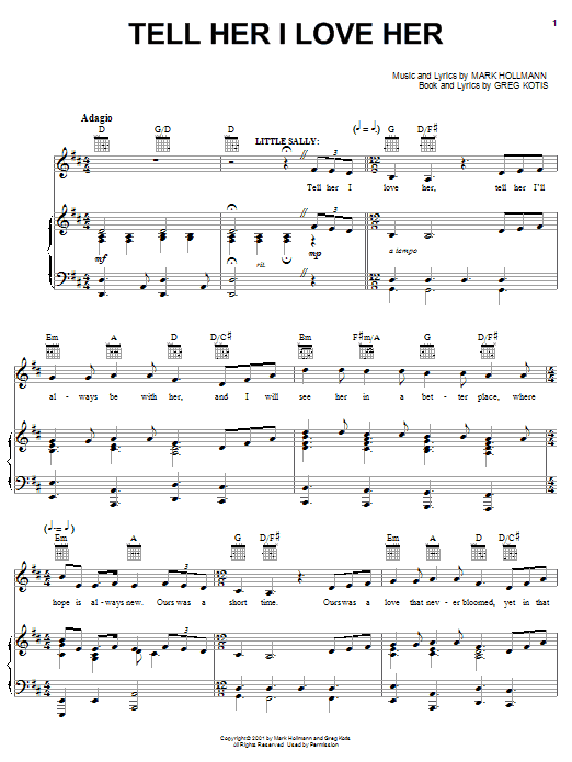 Urinetown (Musical) Tell Her I Love Her sheet music notes and chords arranged for Piano, Vocal & Guitar Chords (Right-Hand Melody)