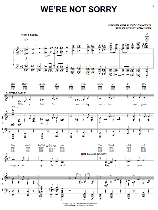 Urinetown (Musical) We're Not Sorry sheet music notes and chords arranged for Piano, Vocal & Guitar Chords (Right-Hand Melody)