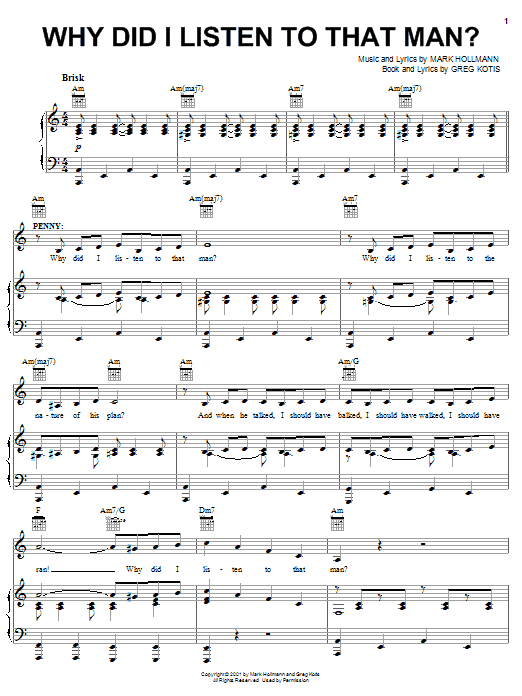 Urinetown (Musical) Why Did I Listen To That Man? sheet music notes and chords arranged for Piano, Vocal & Guitar Chords (Right-Hand Melody)