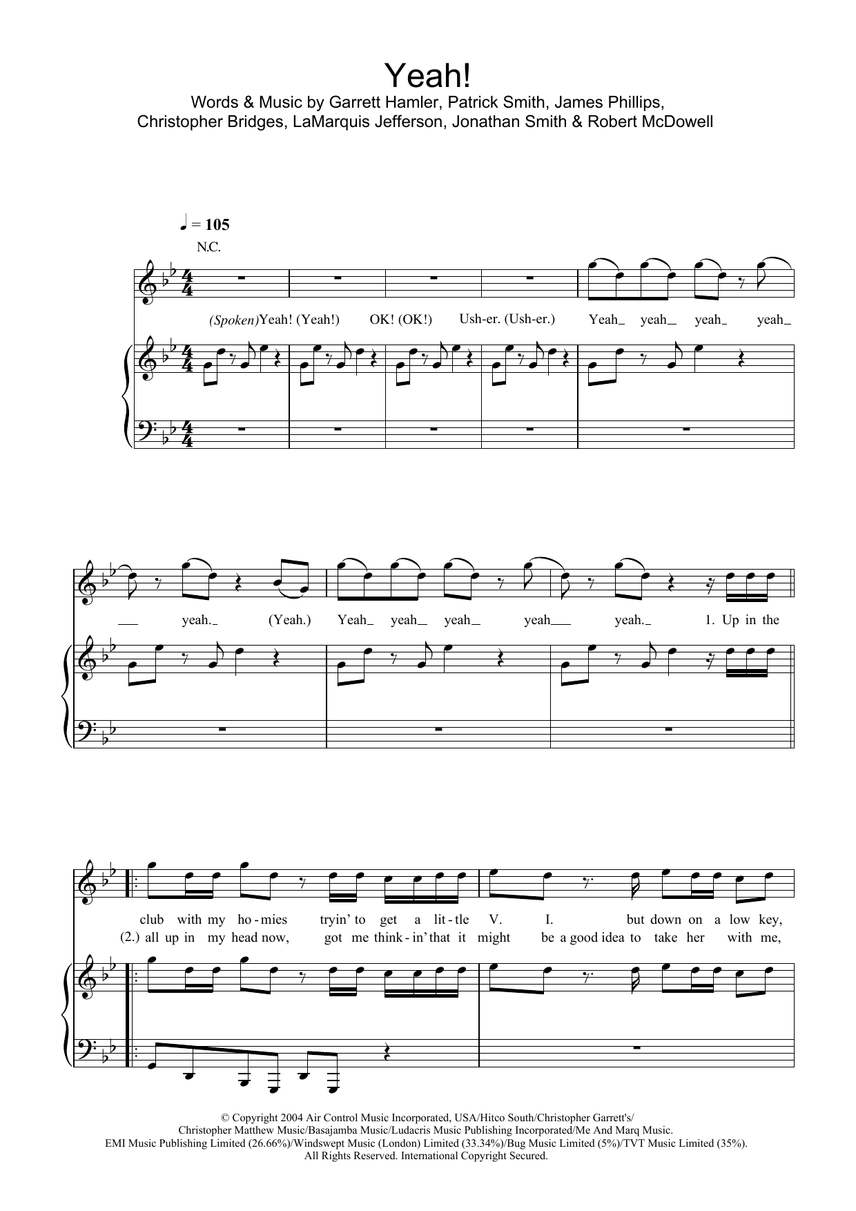 Usher featuring Lil Jon & Ludacris Yeah! (featuring Lil Jon and Ludacris) sheet music notes and chords arranged for Piano, Vocal & Guitar Chords